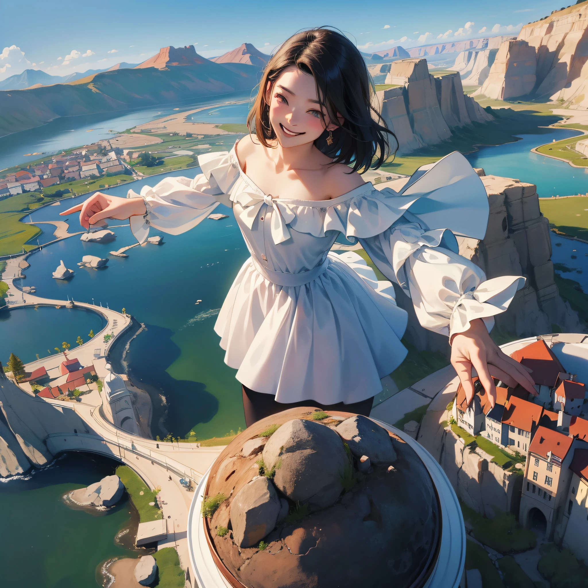 in 8K、top-quality、masterpiece:1.2)、1人の女性、(Smiling smile:1.1)、beautidful eyes、Valley、The upper part of the body、shorth hair、Like a boy 、Quirk hair、short-cut、