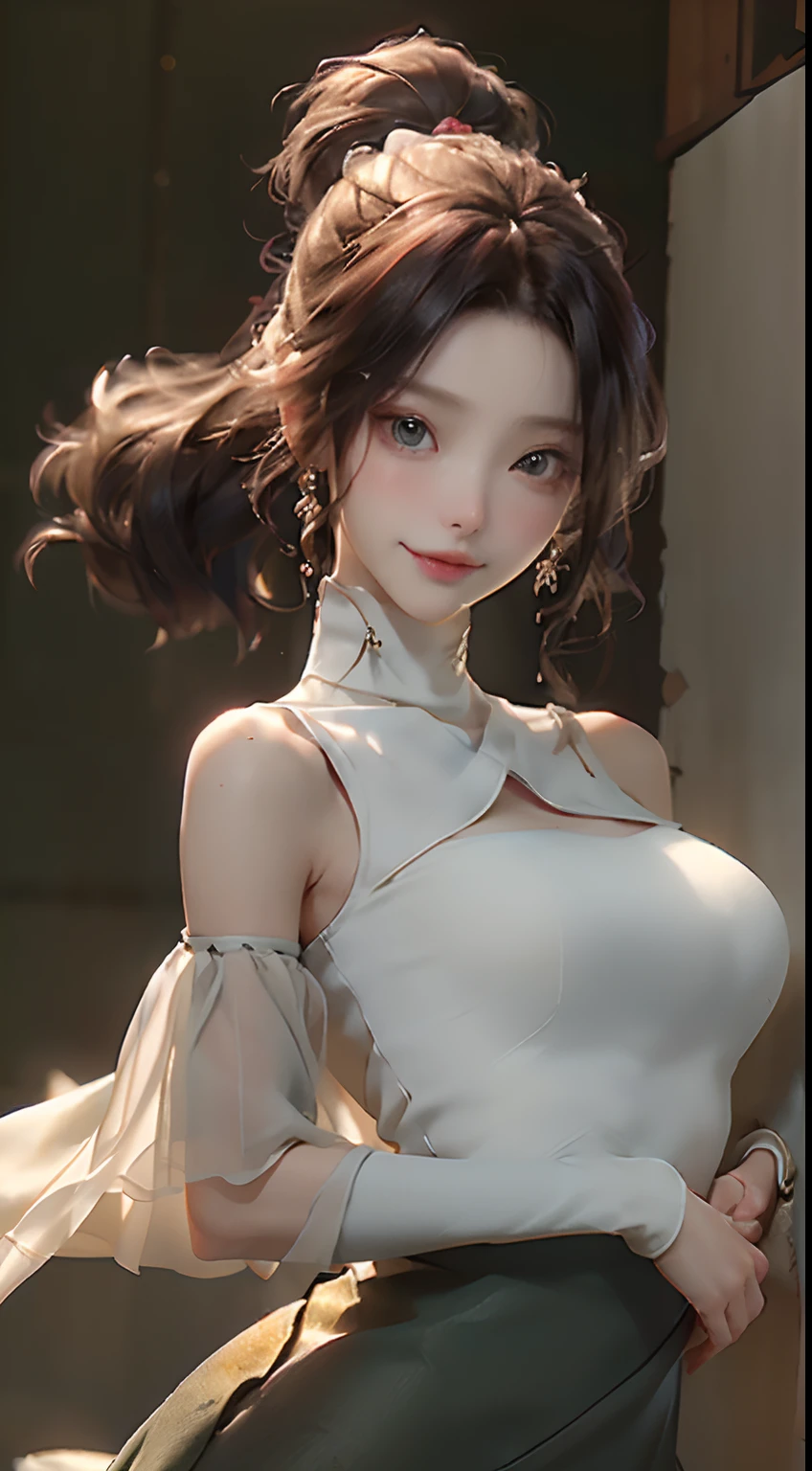 8K,best qualtiy,tmasterpiece,超高分辨率,1个Giant Breast Girl,Beautiful eye and face details,tmasterpiece,Best quality at best,The upper part of the body,Works of masters,Excellent details,High quality painting details,Breathtakingly and absolutely beautiful,鎖骨,Slender neck,long eyelasher,The eyes are sweet and there are lying silkworms,Dynamic angle issues for ultimate image quality,Enchanted smile,glossy lips,Supple, fair, translucent skin,detail-rich,Bright colors,intense contrast,Soft light effect,clear silhouette,streamline,Enchanted smile,sparkle eyes,Perfect body proportion,Slim waist,(Wear a turtleneck tulle sheer skirt,(Bare shoulders:1.3,鎖骨,smallunderboob,cleavage)),