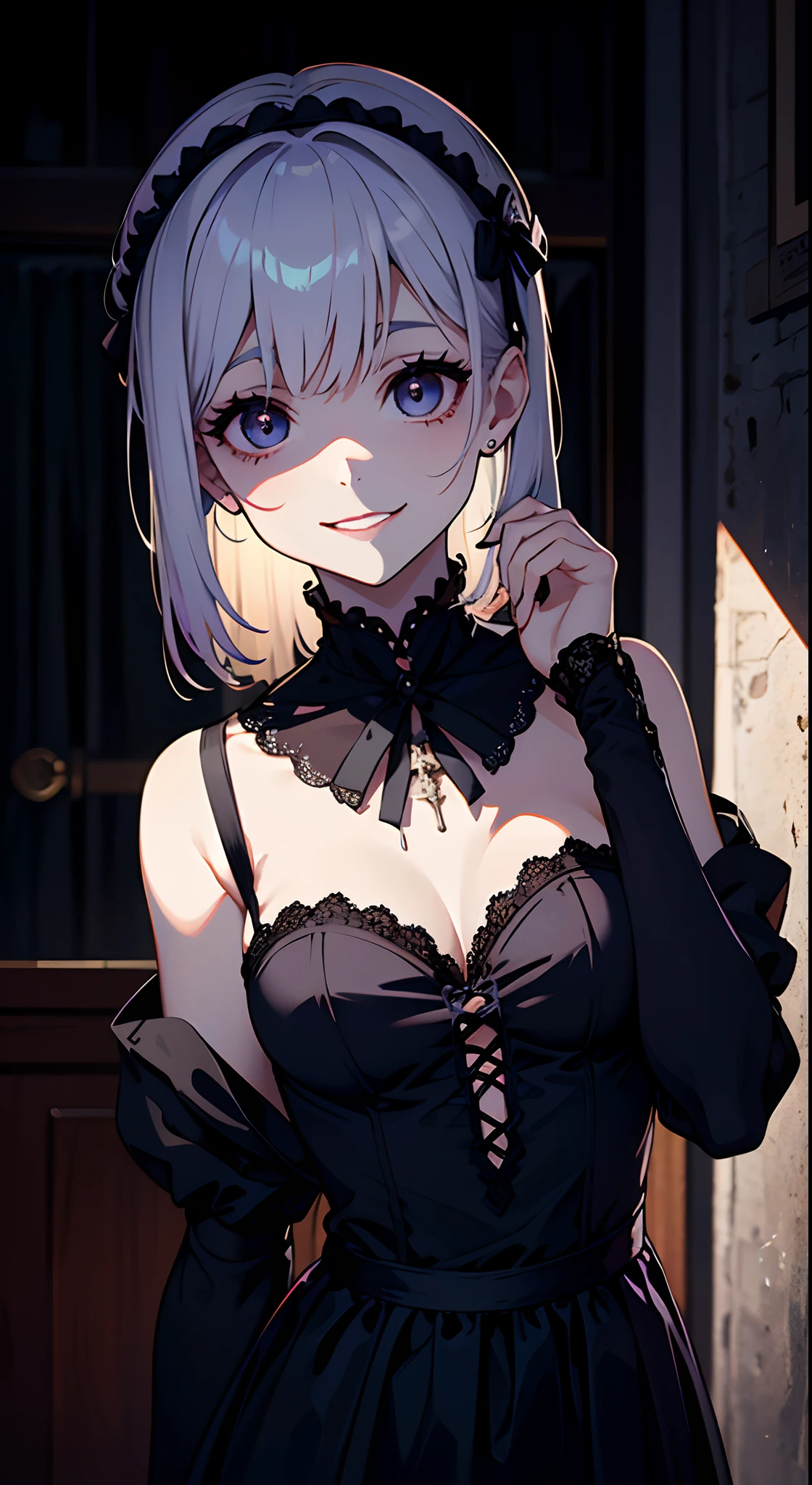 ,{top-quality},{{masterpiece}},{hight resolution},{extremely delicate and beautiful},{{masterpiece}},yandere,Yandere's smile,Flat_Chest,Girl in a goth loli costume with dark charm、Deep eyes harbor the light of madness。The nature of its yandere is、Oozing from smiling lips。I have dark circles under my eyes, Signs of fatigue and anxiety.、It tells us that a dark past is hidden behind it.。On her wrists、Wrist scars carved on pale skin、It speaks of her inner suffering。On the other hand、There is an eerie charm to her beauty、Fascinating, But also terrible.。The surrounding atmosphere is also、In harmony with her inner world、It exudes an eerie atmosphere、Gothic Lolita Fashion、