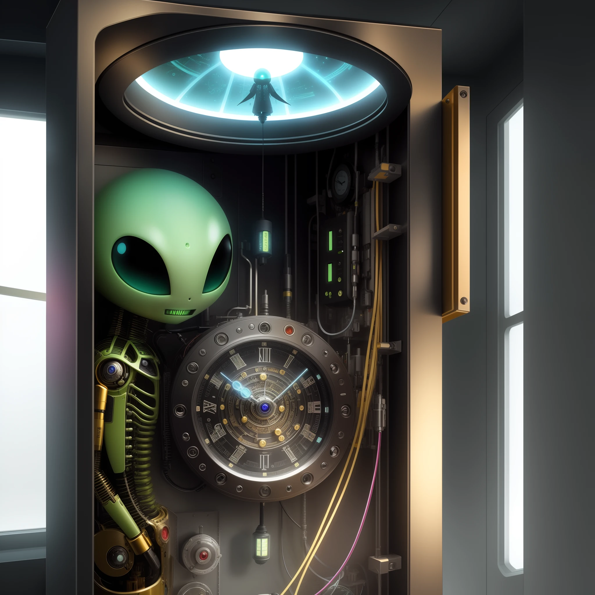 1alien looking at a time mechime trying to go in it, Best quality, realistic, award-winning illustration in color, (complicated detail: 1.2), (fine detail)