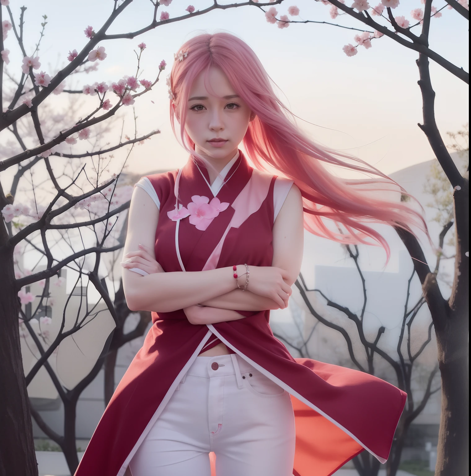Sakura uchiha. A woman was standing with her arms folded across her chest. At a cherry blossom garden. He wore a red kimono with a white sleeveless line in it. Combined with white Levis pants. His skin is so white. She's wearing a silver bracelet. The long, pink hair was reflected in the wind. Her cheeks were rosy. He looked at the camera. She's so pretty and realistic
