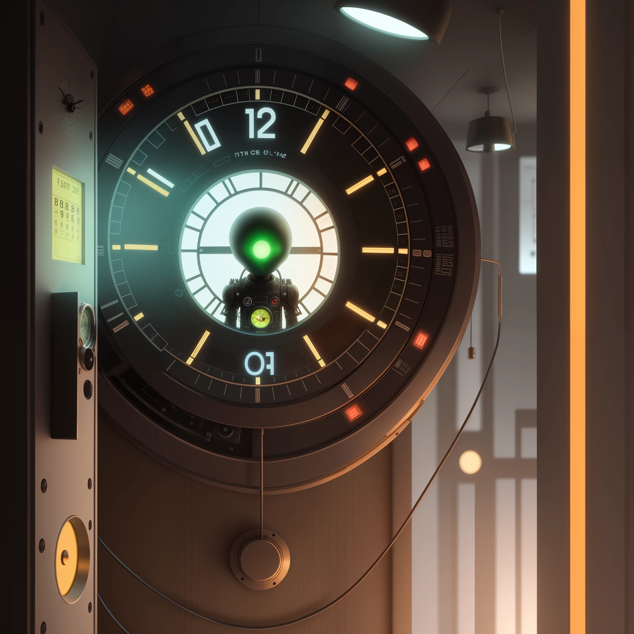 1alien looking at a time mechime trying to get in it time clock future and present, Best quality, realistic, award-winning illustration in color, (complicated detail: 1.2), (fine detail)