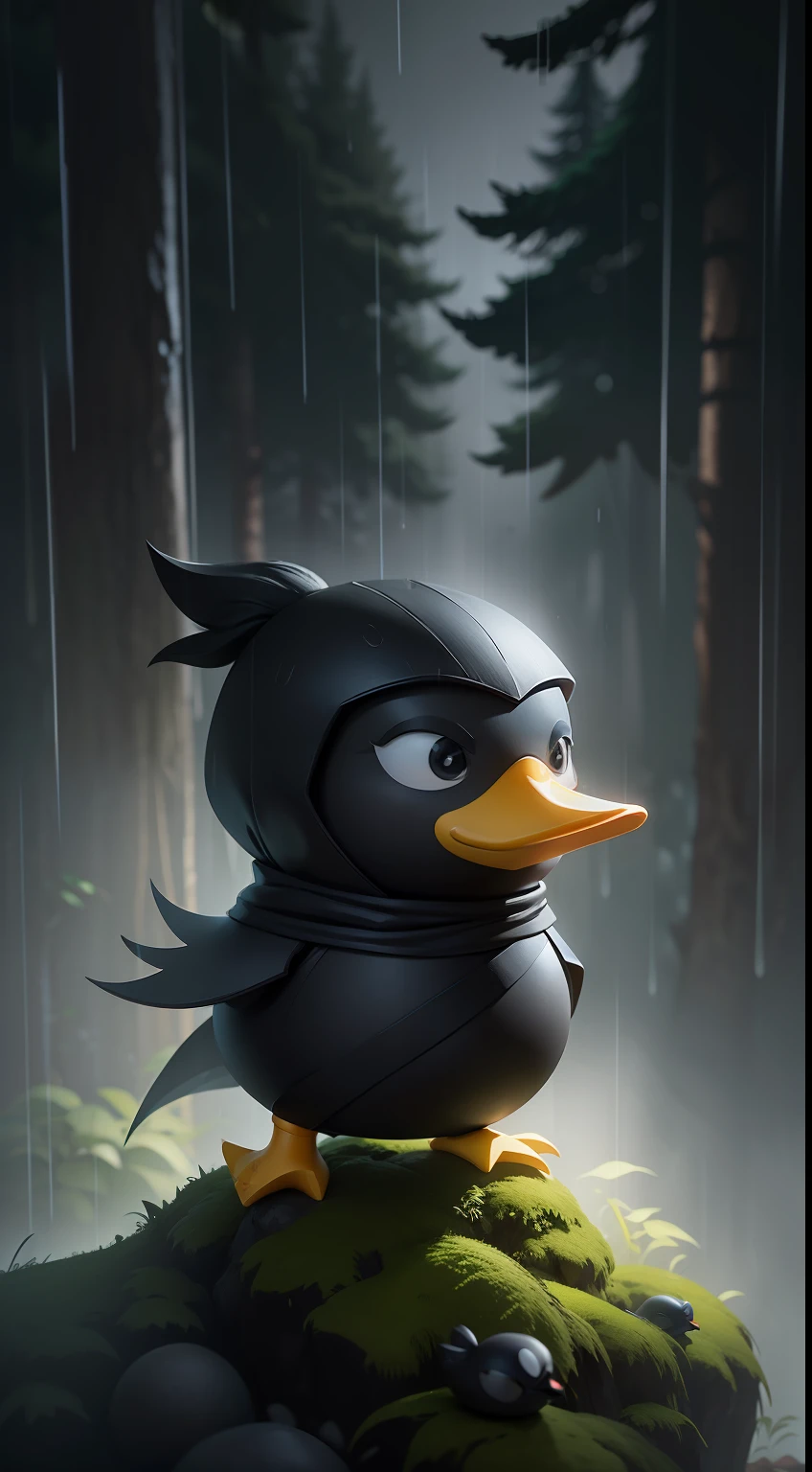 Create a vibrant dark fantasy cute ninja duck in a clean-lined minimalistic cartoon style, in the background a beautiful forest, rain, octane render, 8k