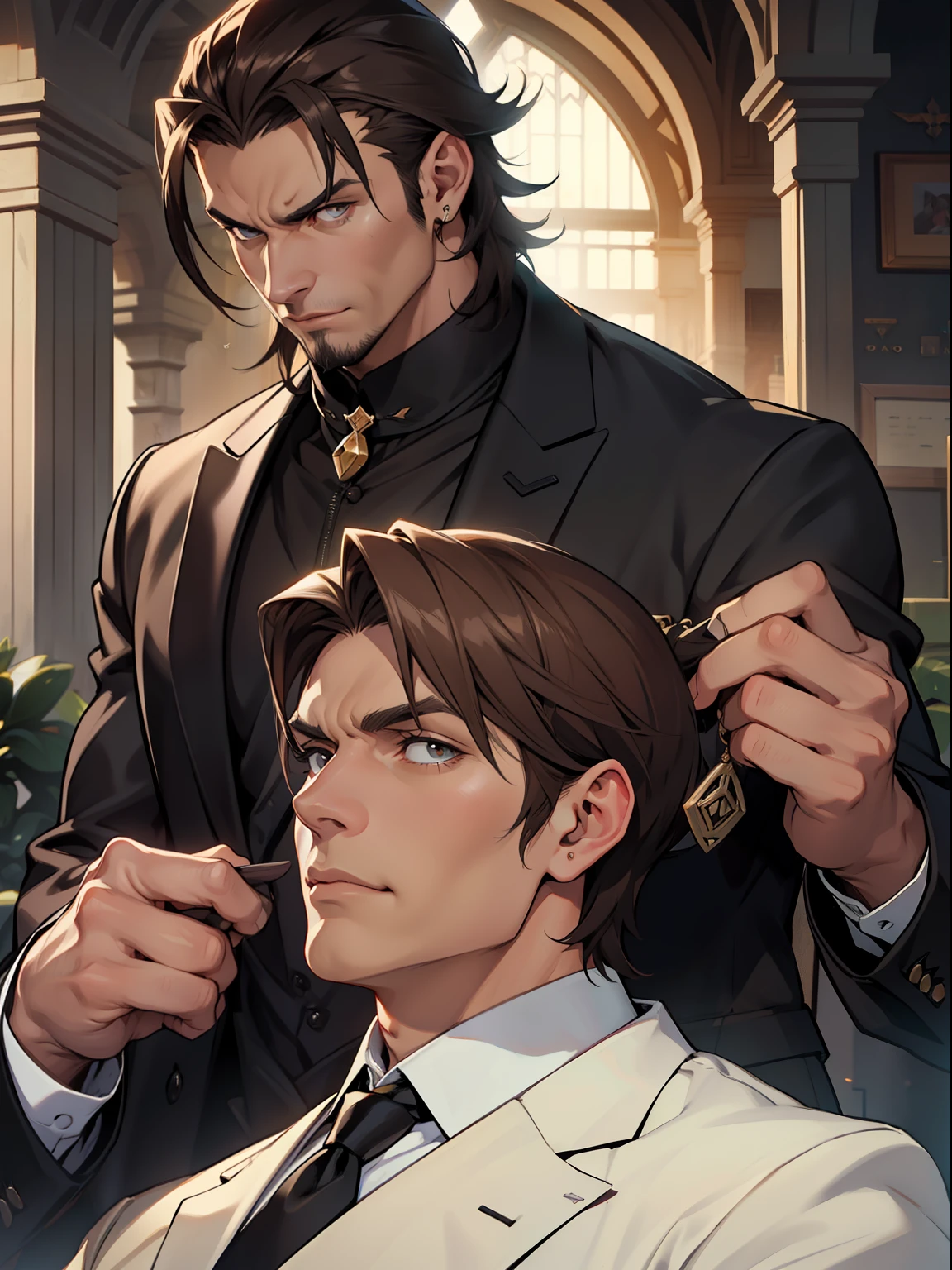A unique character, square jaw, menton dividido, rostro robusto, Characteristics of the villain, mediana edad, Altura media, ropa formal, elegante, dark brown hair, Expression of Ceria, fornido, que imponga respeto, anime, estilizado, detallado, alta calidad.