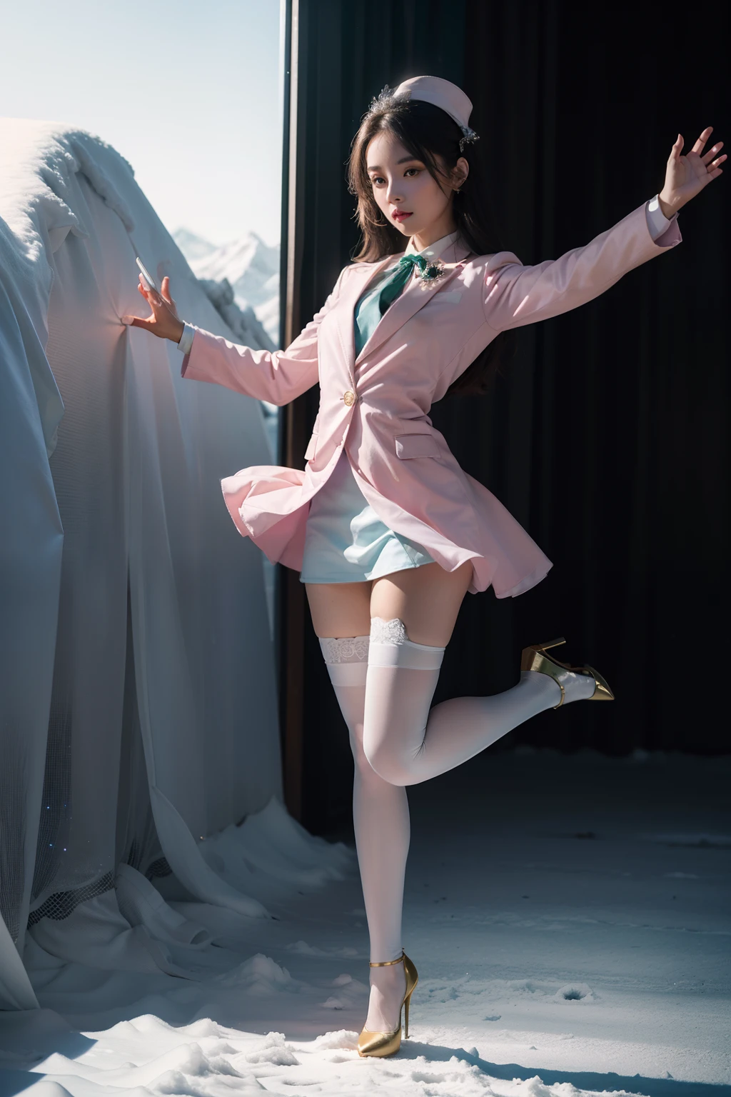 (full body:1.5)，(looking at viewer:1.4)， (Wearing Gilded stockings, high heels, and Flight Attendant Set:1.2), (Dance on top of snowy mountains:1.2),(In pink|amarelo|blue colors|green color|red colour|white colors|black in color|purpleish color|greys|Beige|Flesh color 1.4)，(Accurate and perfect face:1.4),A shallow laugh,,hyper HD, Ray traching, reflective light，structurally correct, Award-Awarded, high detal, lightand shade contrast, Face lighting，cinmatic lighting, tmasterpiece, super detailing, high high quality, high detal, best qualityer, 16k，high contrast,