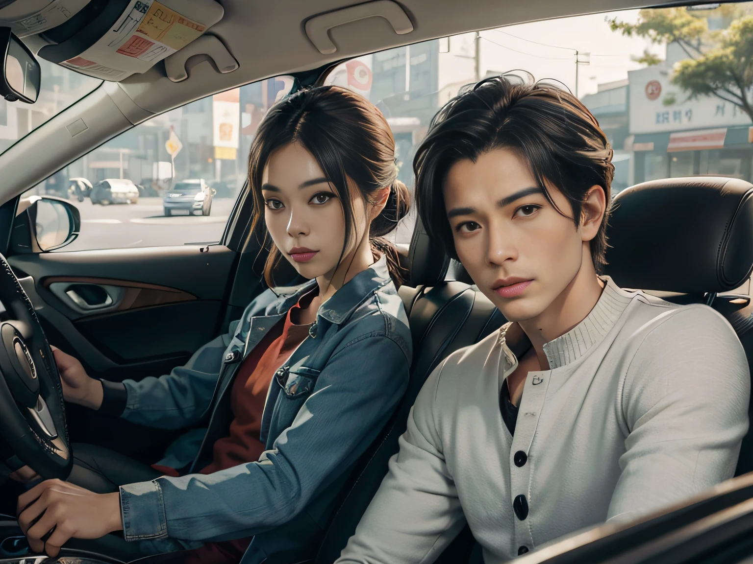 Male with 2 Asian faces,Shop for car supplies in casual wear at the auto supply supermarket,sface focus,Extreme depiction of facial detail
