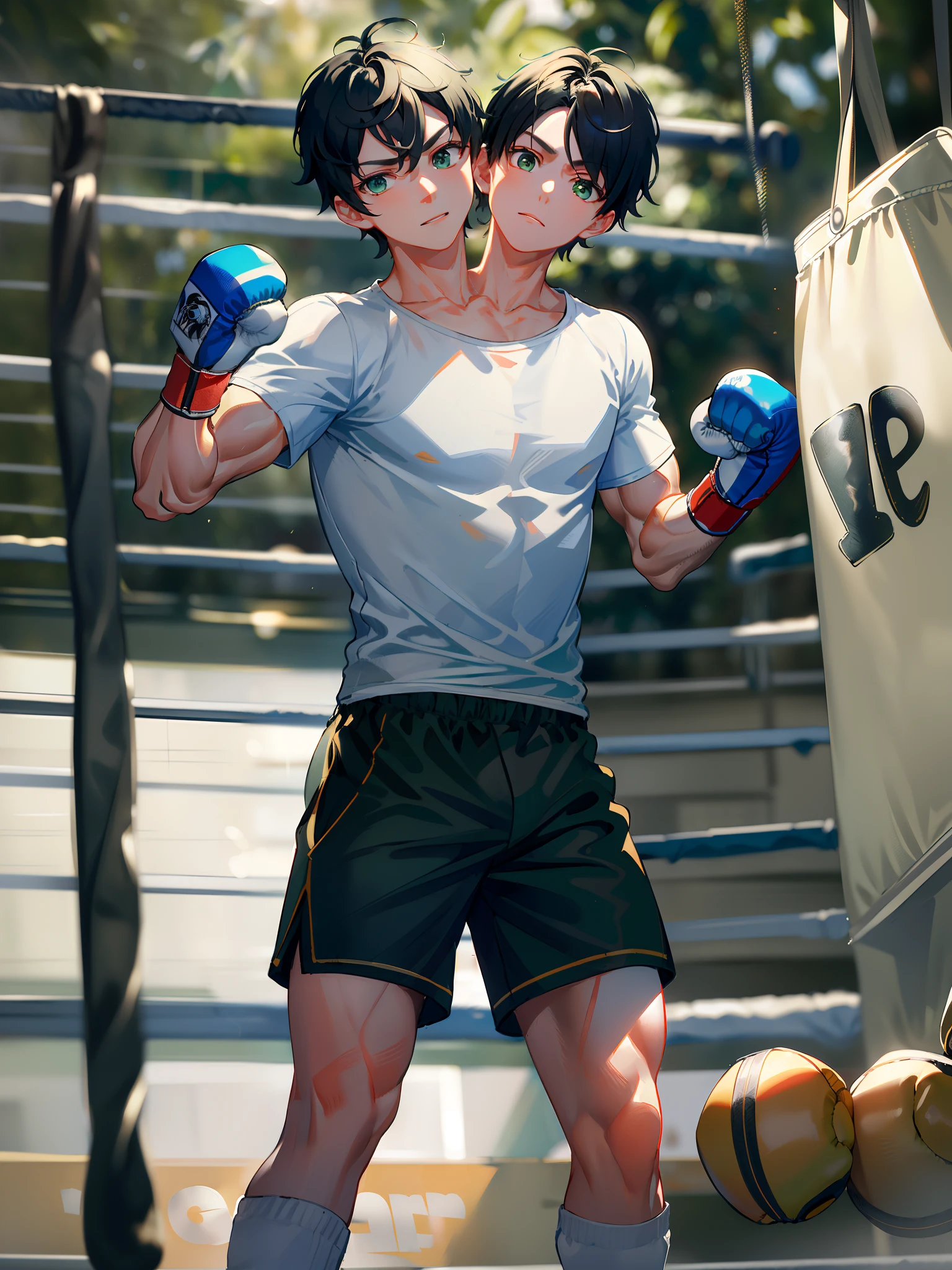 (masterpiece, best quality), best resolution, (2heads:1.5), 1boy, black hair, short hair, green eyes, white t-shirt, black short pants, boxing gloves, punching a punching bag, gym