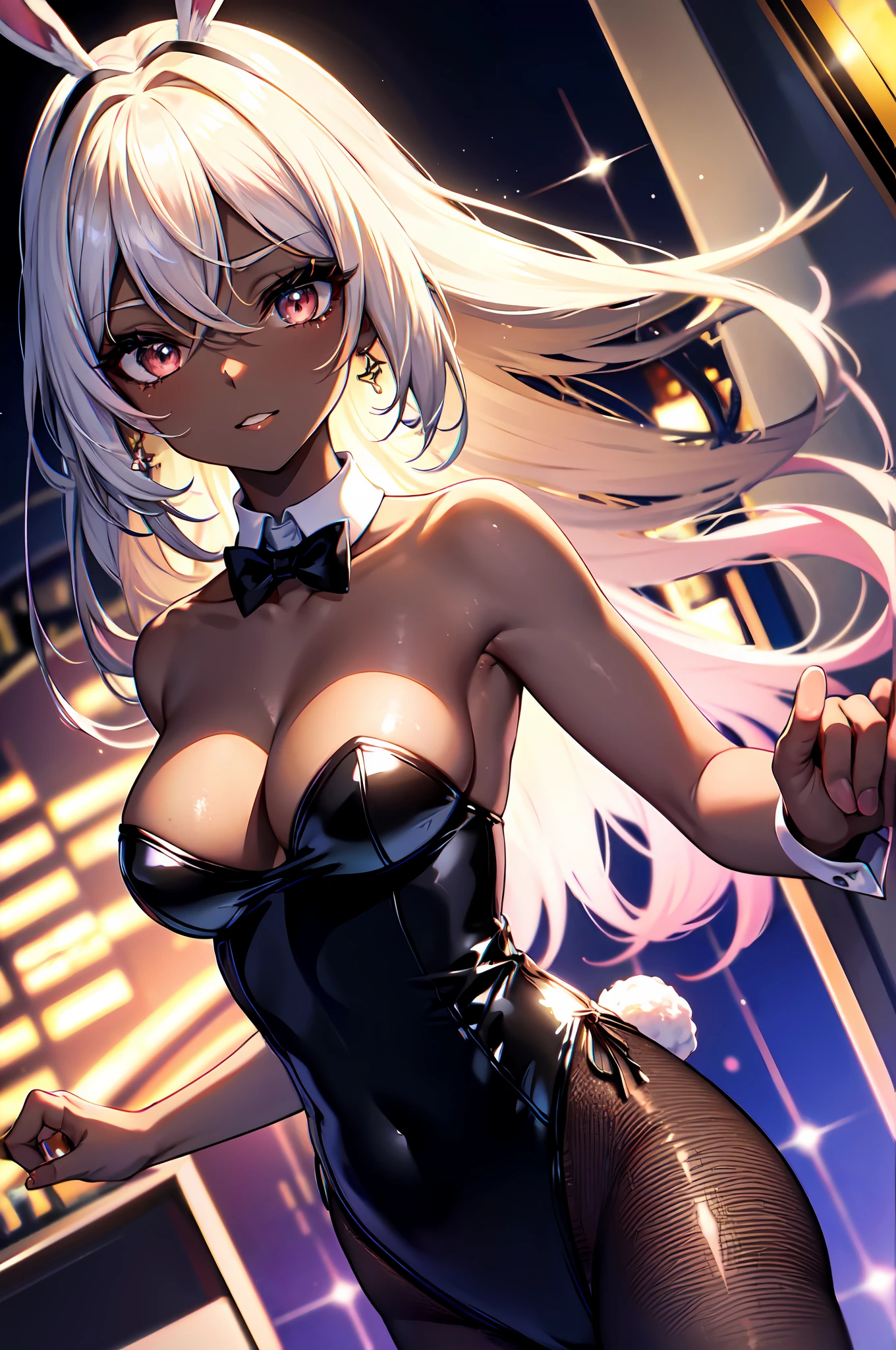 Transcendently Beautiful Girl, (masterpiece face, masterpiece eyes:1.1), BREAK, (black gal), (Dark skin:1.5), (long Blonde Hair Pink Gradient Hair), BREAK, Flat_Chest, Huge_breasts, wide_lower back, Open your mouth and laugh smile, long eyelashes, makeup, BREAK, Bunny Girl, Rabbit ear, Rabbit tail, (sequin Leotard), wrist_Cuffs, bowtie, Black_pantyhose, high_heels, BREAK, (Five Fingers, 4fingers and 1thumb), (Bare arms, Bare shoulders), Casino, Roulette table, Lots of coins, Masterpiece, best quality, captures a super cute moment, depth of field, ultra detailed, ultra high resolution, C4D, Octadale, 3D modeling, 8k, 16k,