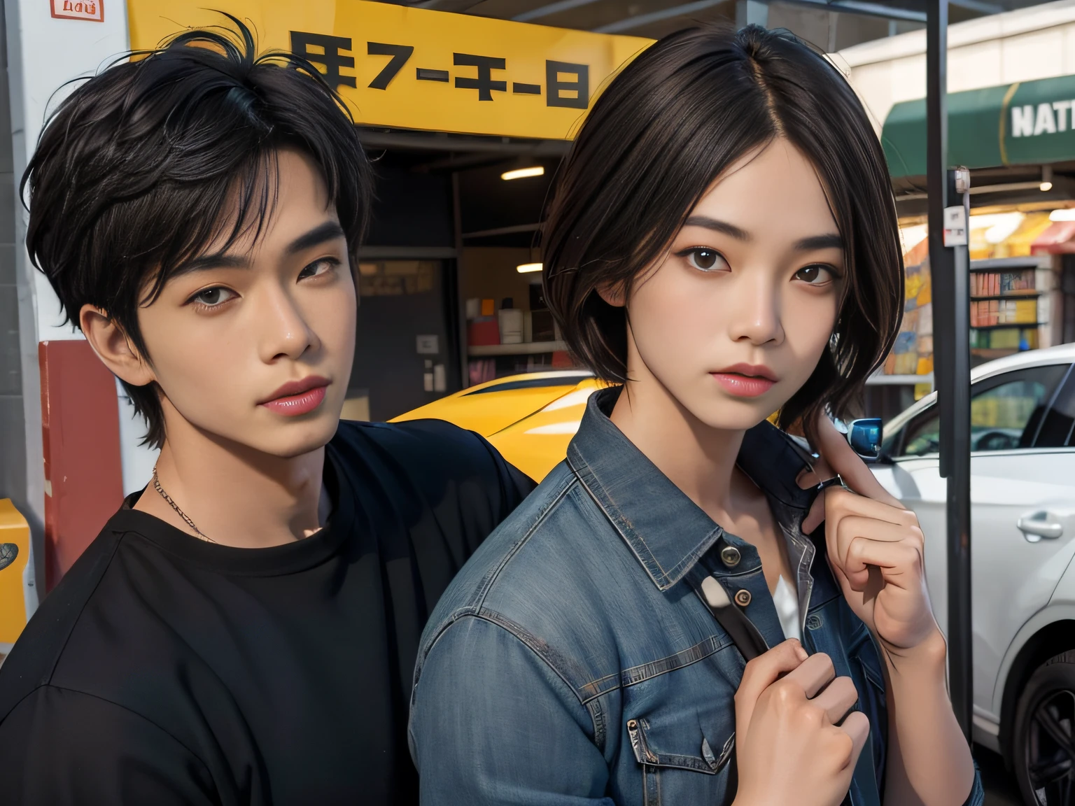 Male with 2 Asian faces,Shop for car supplies in casual wear at the auto supply supermarket,sface focus,Extreme depiction of facial detail
