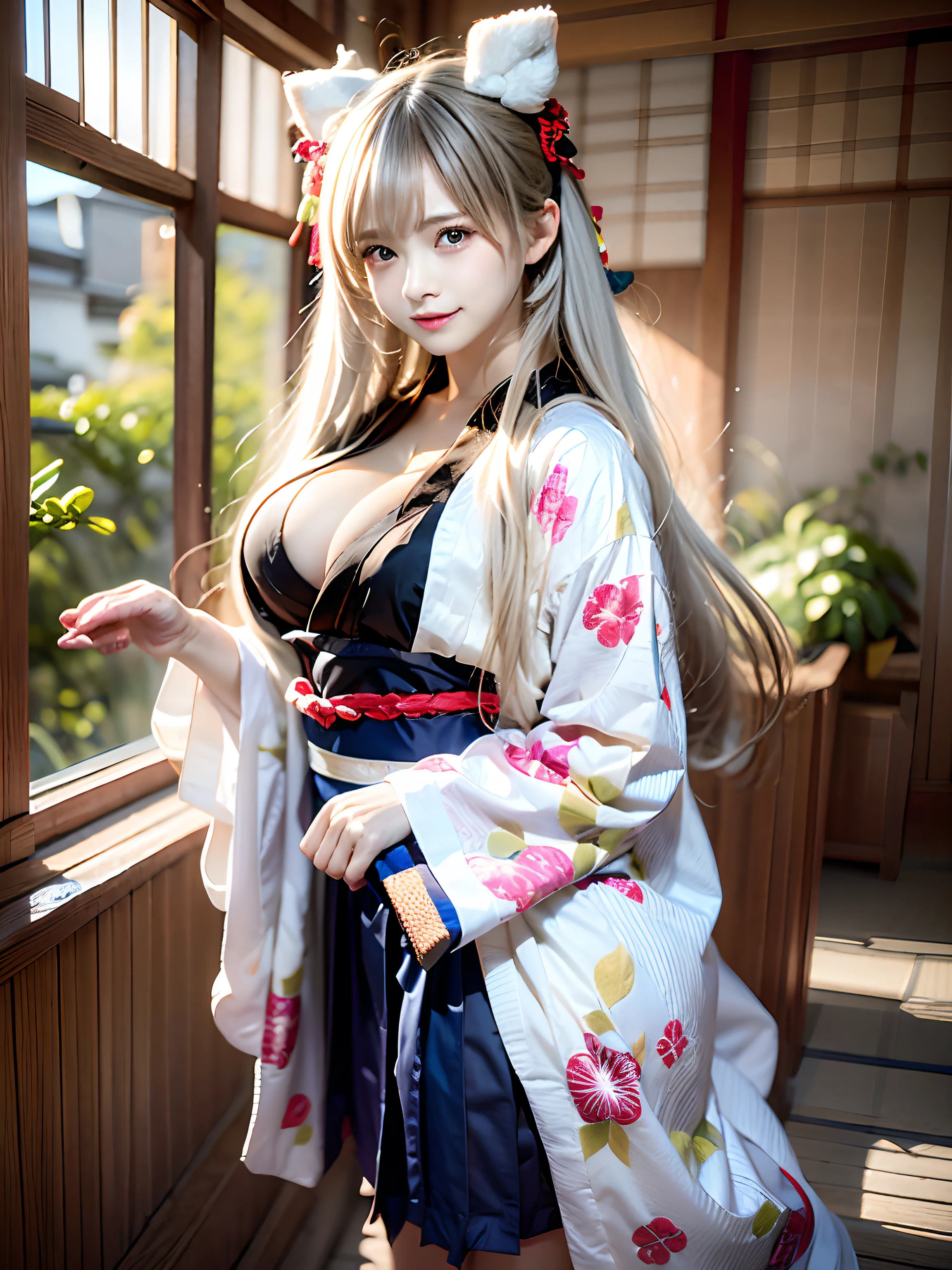 top-quality、masterpiece、超A high resolution、(Photorealsitic:1.4)、Raw foto、1 girl in、((white hair))、full body Esbian、large full breasts、Ultra exposed cleavage、erotick、Erotic look、gargantilha、二重まぶた、Loose and fluffy perm、semi long hair、Pleated skirt with slit、Staring at us with your whole body、Close up in black and white kimono, sōsaku hanga, hakama kimono, Anime Cosplay, Onmyoji, Komono,, high quality costume, intricate hakama, flowing magic robe, bath robe, japanese kimono、((age Korean schoolgirl))、((Korean Female Idols))++、((human girl))、((a baby face))、