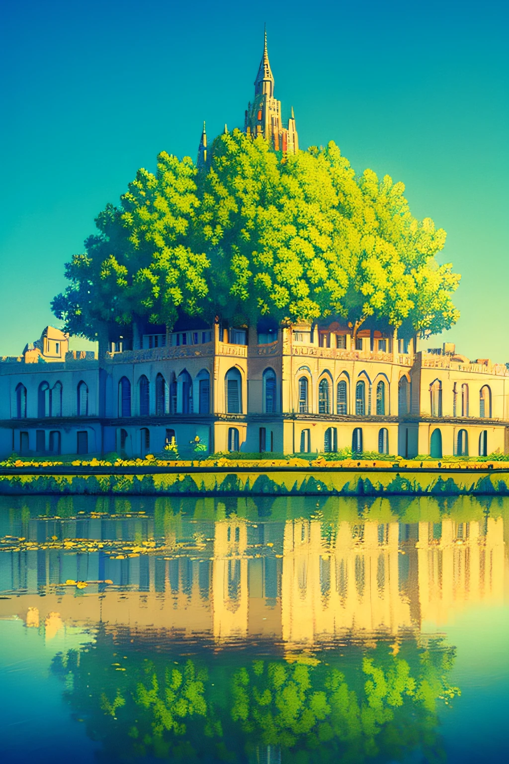 (extremely detailed CG unity 8k wallpaper),(((masterpiece))), (((best quality))), ((ultra-detailed)), (best illustration),(best shadow), ((an extremely delicate and beautiful)),dynamic angle,floating, fairyland,dynamic angle,sea of flowers,beautiful detailed garden,wind,classic,spring, (detailed light),feather, nature, (sunlight), river, forest,(((floating palace))),((the best building)),beautiful and delicate water,(painting),(sketch),(bloom),(shine)