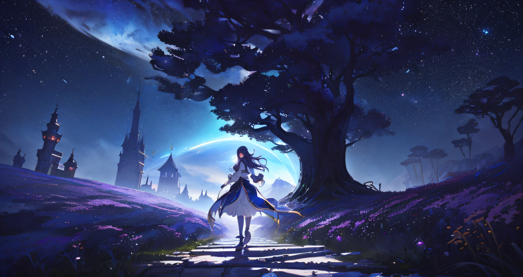 Isekai, fantasia. estilo anime, uma menina andando em uma cidade pequena, colina, detalhes intricados, ultra detalhado, master part, trends on artstation