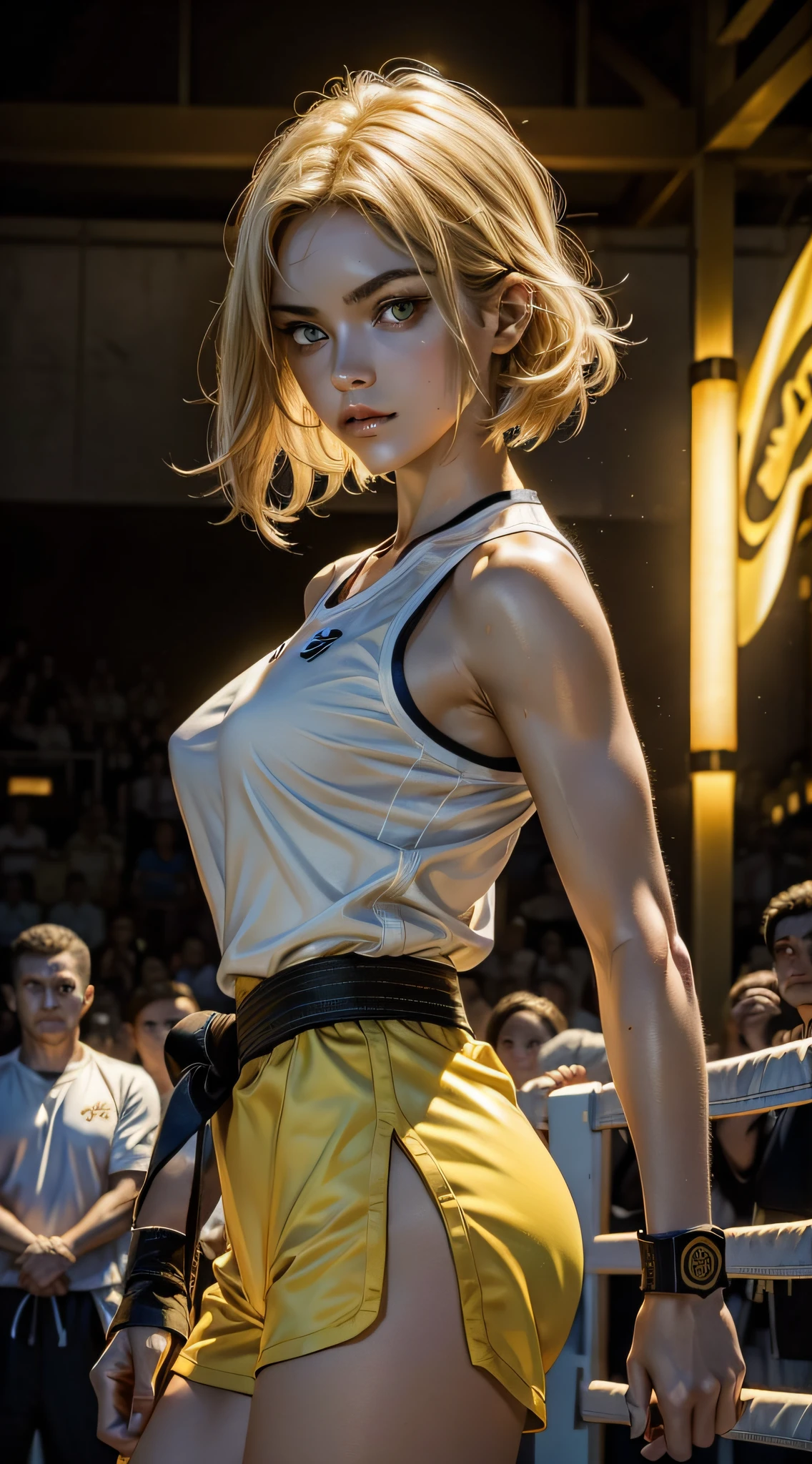 ((Best Quality)), ((Masterpiece)), (Detailed: 1.4), 16k, (((1girl))), very big chest, slim waist, short blonde hair, ((yellow eyes)), eyes detailed, ((eyes emitting intense glow)), muscular, extremely defined body, sweaty, ((taekwondo outfit)), sexy micro shorts, serious look, mat, in a martial arts fighting competition, extremely detailed image, detail in the audience.