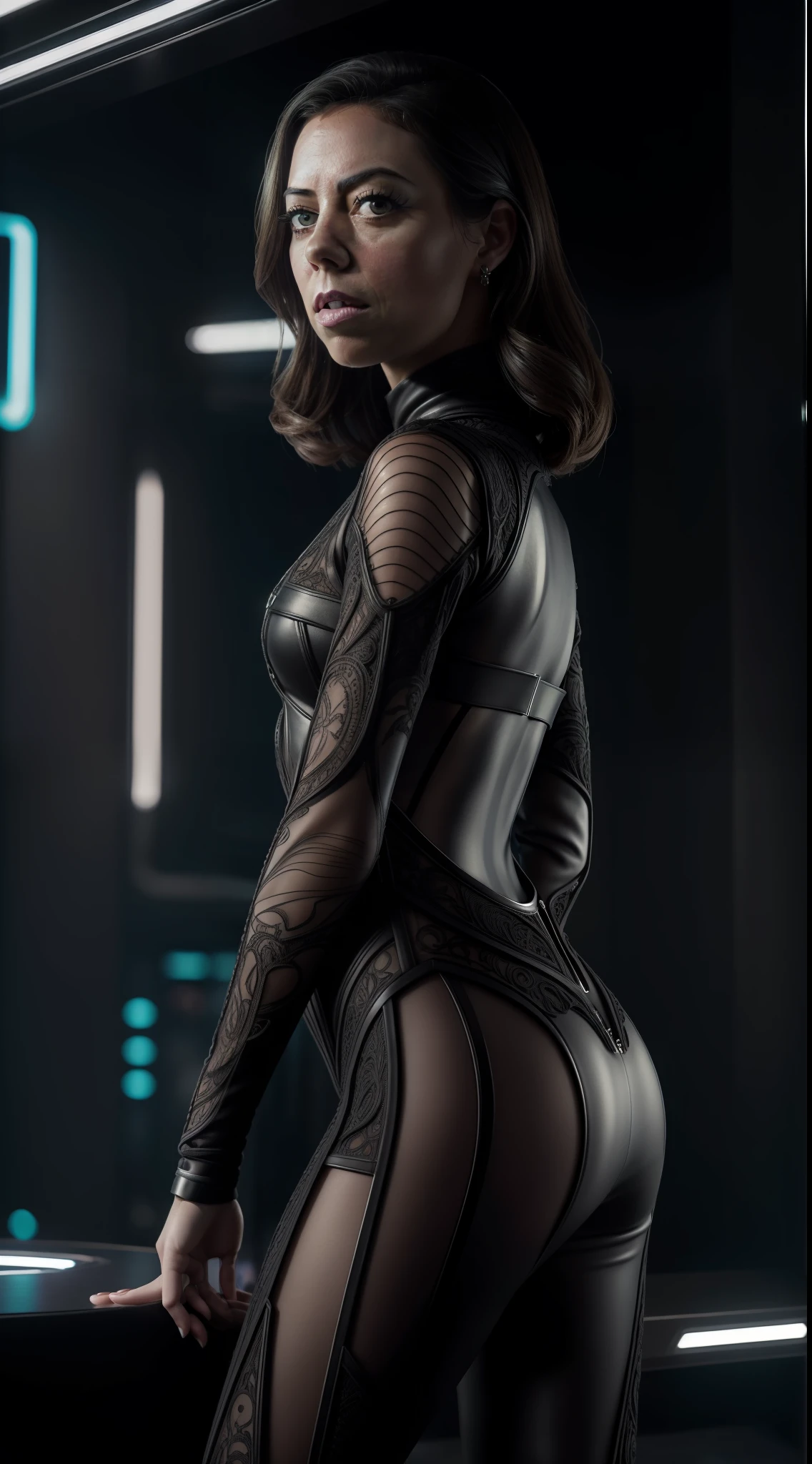 (8k, ARTISTIC photography, best quality, masterpiece: 1.2), (realistic, photorealistic: 1.37), over-detailed, low angle shot (high-detail skin: 1.2), 8k uhd, SLR camera, soft lighting, high quality, film grain, Arri Alexa, cinematic lighting, photonic display, brightness, physically rendered photo (80s style Female villain in a bar), cute face, ((no smile)), over-detailed face, (((Aubrey Plaza))), (( dressed futuristic Alexandre Vauthier dress)), ((( black clothes )), ((( intricate outfits))), posing, casino background (((pure 8K))), (((perfect anatomy))), extremely high-quality graphics, Riddley Scott, Blade Runner, Denis villeneuve (((cinematic lighting))), ((clear details)), complex, highly detailed background,
