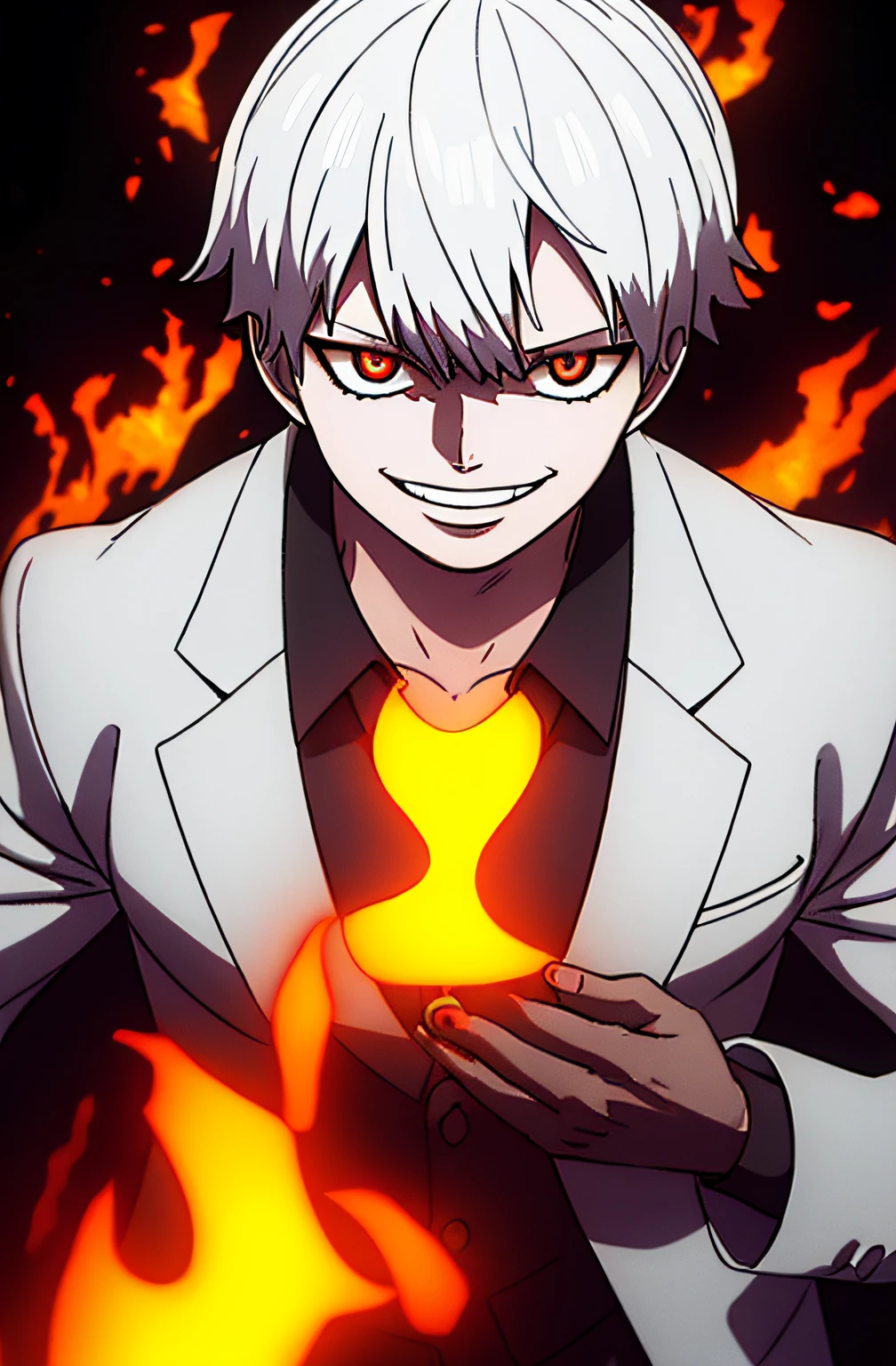 1boy, wanostyle, ken kaneki, smiling, white suit, looking at viewer, solo, upper body, ((masterpiece)), (best quality), (extremely detailed), depth of field, sketch, dark intense shadows, sharp focus, soft lighting, hdr, colorful, good composition, fire all around, spectacular, closed shirt, anime screencap, ready to fight, red eyes