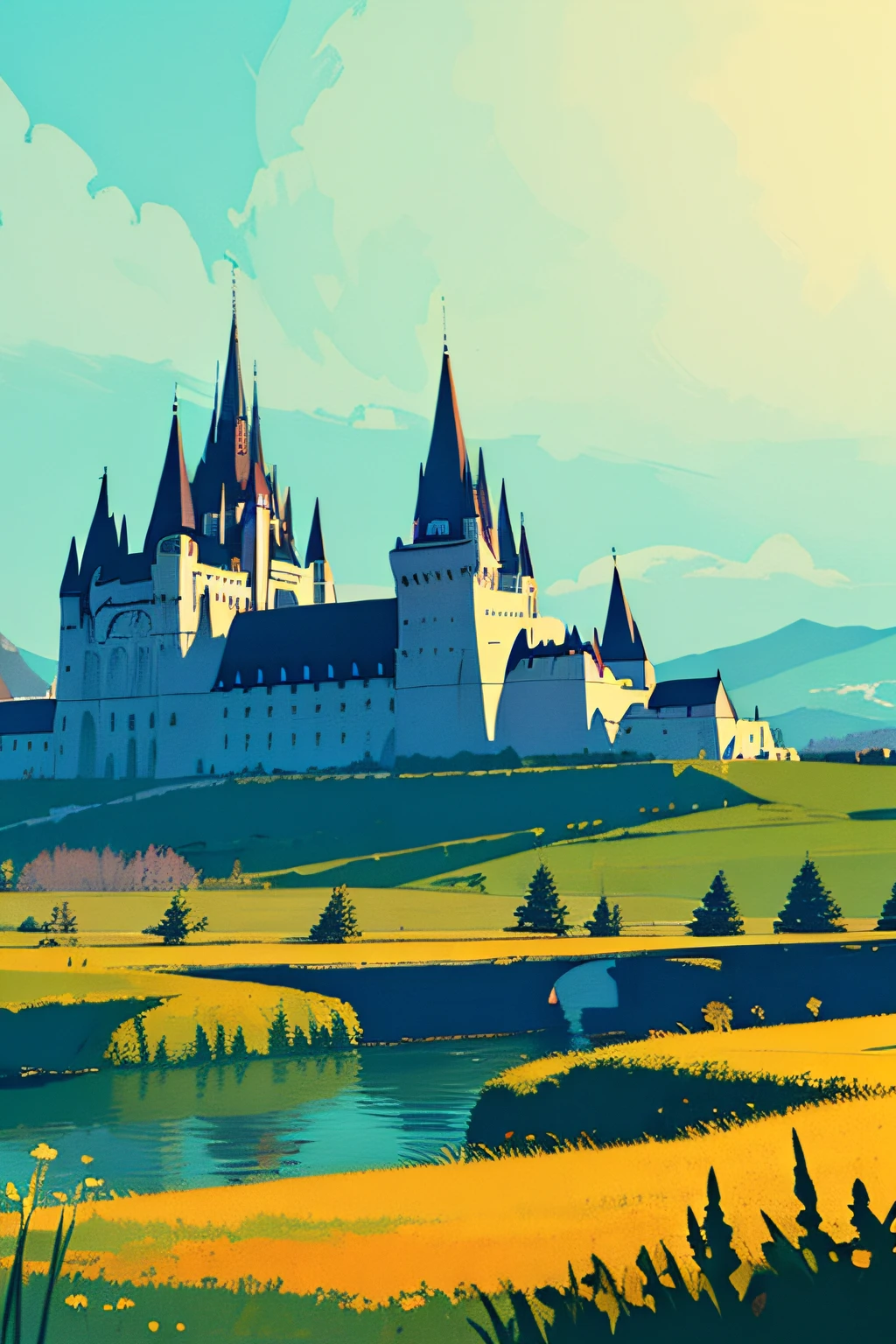 (extremely detailed CG unity 8k wallpaper),(((masterpiece))), (((best quality))), ((ultra-detailed)), (best illustration),(best shadow), ((an extremely delicate and beautiful)),dynamic angle,floating,
The detailed castle, (((the best building))),
mist encircles the mountains,fairyland,dynamic angle,classic,(detailed light),feather, nature, (sunlight), river, forest,flowers,beautiful and delicate water,(painting),(sketch),(bloom),(shine)