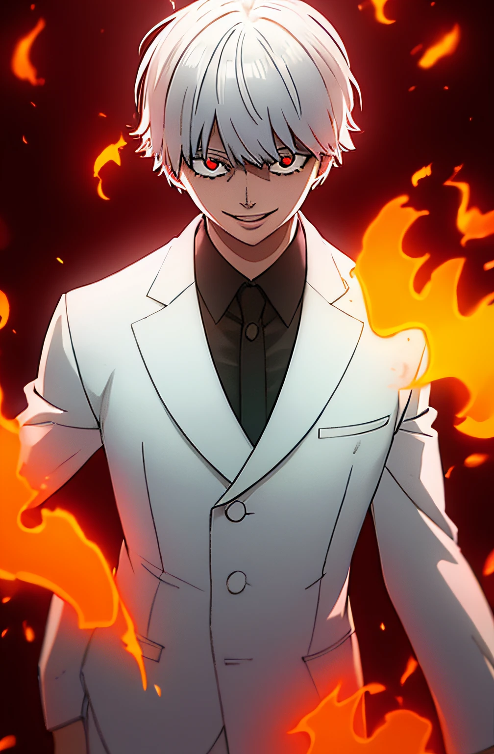 1boy, wanostyle, ken kaneki, smiling, white suit, looking at viewer, solo, upper body, ((masterpiece)), (best quality), (extremely detailed), depth of field, sketch, dark intense shadows, sharp focus, soft lighting, hdr, colorful, good composition, fire all around, spectacular, closed shirt, anime screencap, ready to fight, red eyes