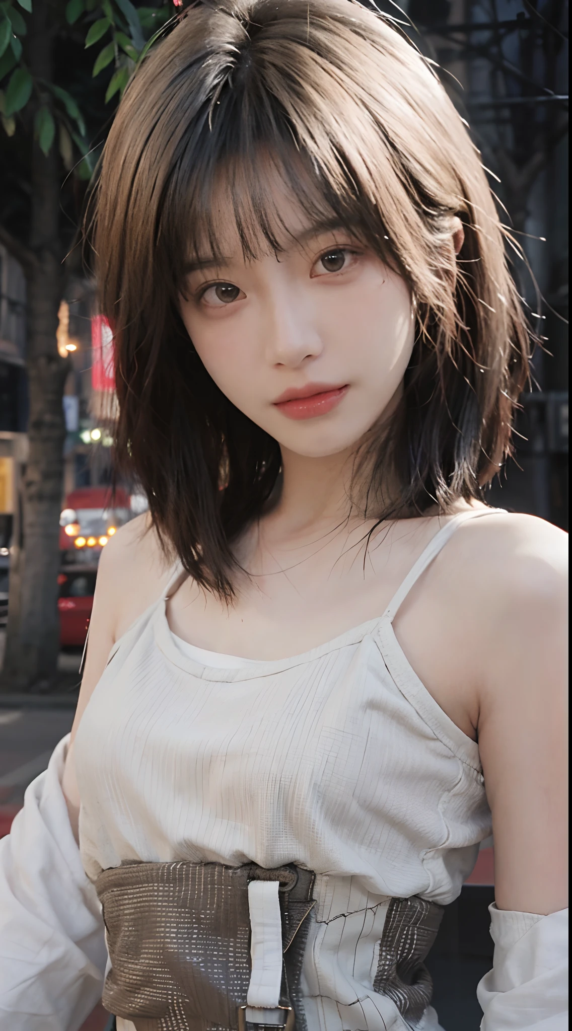 best qualtiy, 超高分辨率, (realisticlying:1.4),2 girls ,Focus:1.2, perfect figure beautiful woman:1.4 , pelo rojo corto,(Streets at night:1.3), Highly detailed facial and skin texture, head straight-looking at viewer,A detailed eye, 二重まぶた,Red lips,eye shadows,Whiten skin,(Air bangs:1.3),,(White thin strap top:1.4)