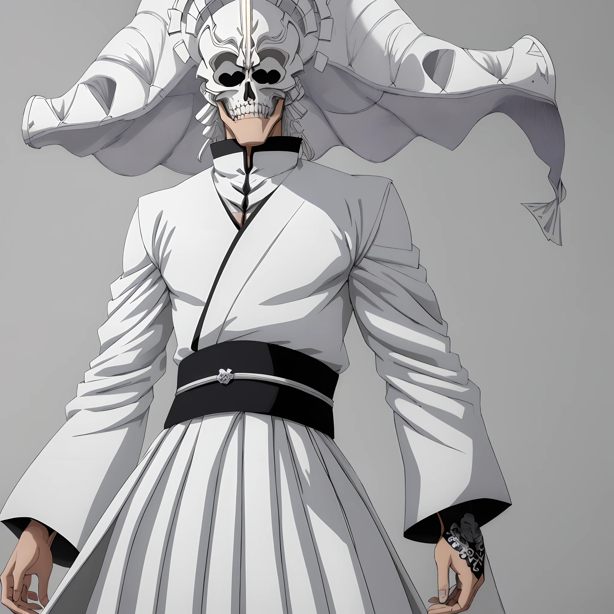 (absurdres, highres, ultra detailed),(Masterpiece, best quality:1.2),1man,arrancar, skeleton mouth piece, long sleeves, simple background, wallpaper 8k,sword on waist, absolutely stunning art, extremely detailed, serious look,white jacket, black sash, white hakama, black tabi, white zōri