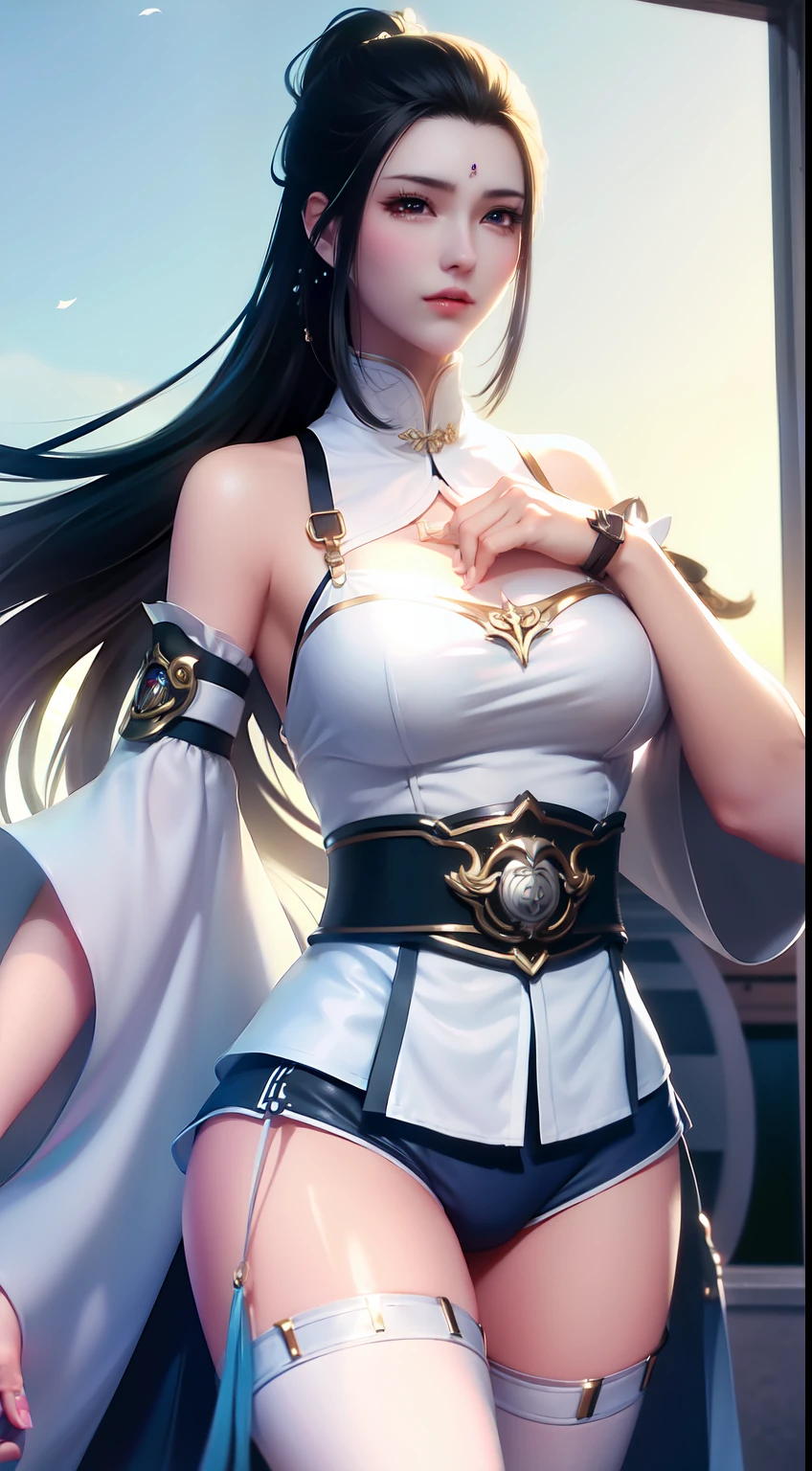 (best qualtiy,tmasterpiece:1.2),超高分辨率,realisticlying,Front lighting,Complicated details,Exquisitedetailsandtextures,1girll,独奏,(年轻),Facial highlights,full bodyesbian,Detal Face,tear-mole,white skinned,Black color hair,pony tails,looking at viewert,largeeyes,White silk bra suspenders,Blue super shorts,Hanfu,silkouette,耳Nipple Ring,Large breasts,slimfigure,profesional lighting,photon maping,Radio City,physically-based renderingt,softlighting,Vivid and bright