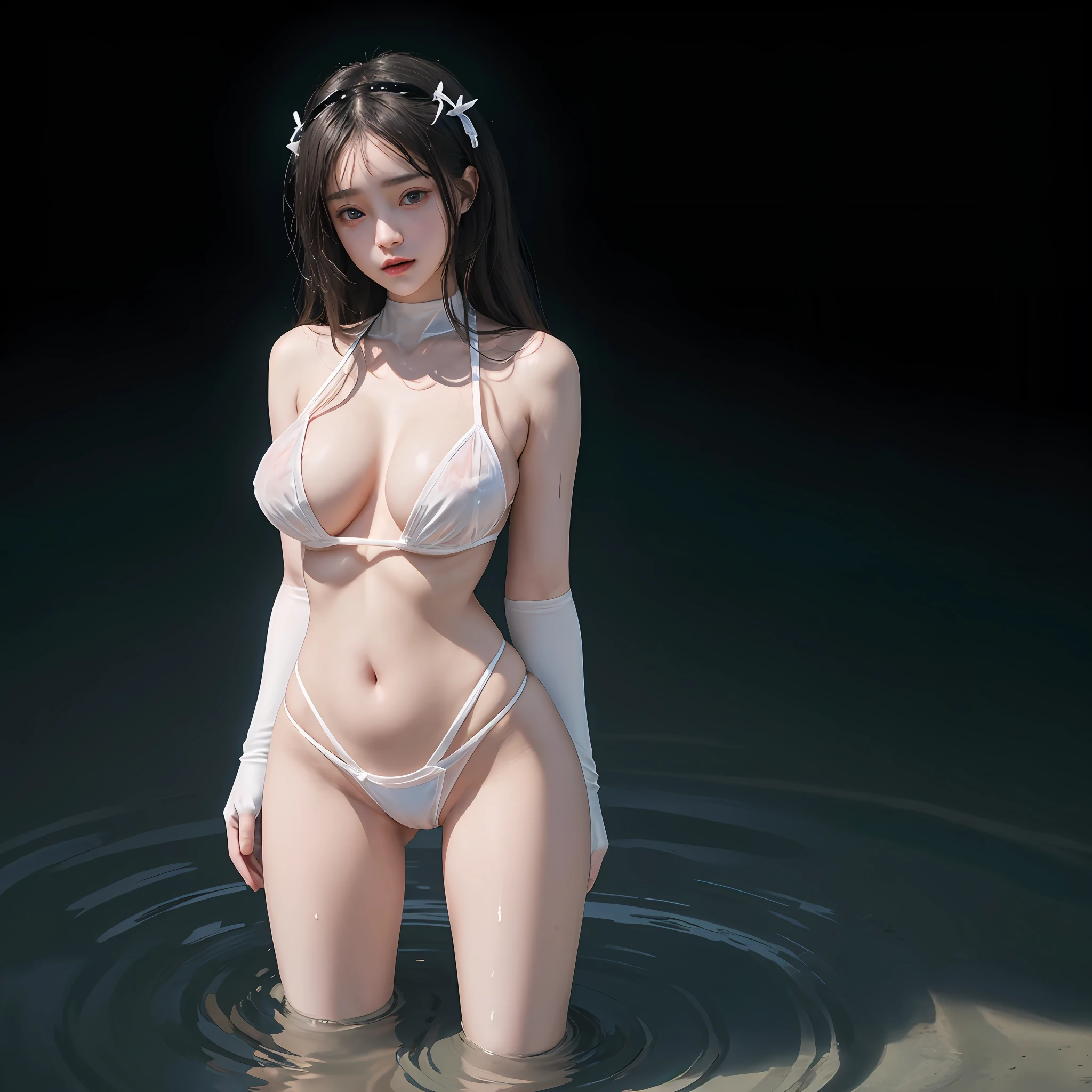 NSFW、((Hyper-Realism:1.37))、radiosity rendering、masterpiece、Bestquality、extremely detailed 、BokeH、smooth shading、((Childish)|(Gigantic cleavage:1.37、fatness))、(((detailed beautiful face))), (Outer space、 Floating in the SPACE)、(((Oppai-Loli、solo 1girl、Wide Shot)))、(FullBody、From below:1.5、Looking ahead)、Wetted Porcelain skin、Floating hair、(Nipple shadow、Detailed Clear Nipples)、detailed open crotch、(The shape of the pubic area is Clearly Visible)、ass visible through thighs、Wetted White very tiny string bikini、(underboob:1.2)、Black high collar、elbow_gloves、zydG、