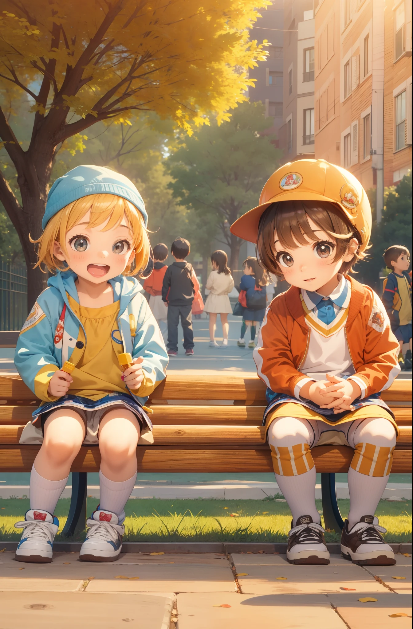 High resolution,absurderes,masutepiece,(Little kids boys and girls:1.2) Sitting side by side,Wearing kindergarten_uniform,the golden hour,park bench