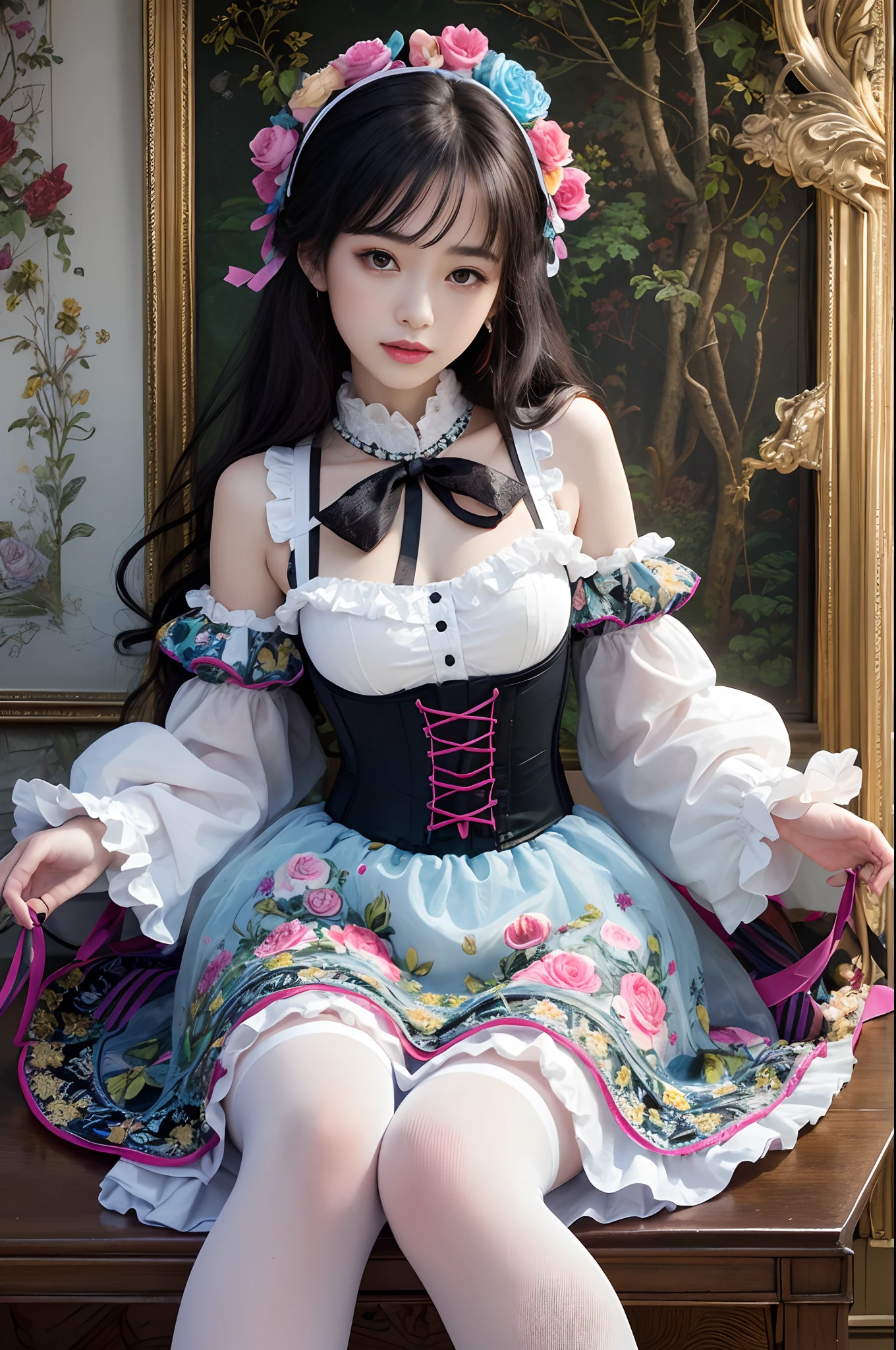 (masterpiece、top-quality、top-quality、Official art、Beautifully Aesthetic:1.2)、(One girl:1.3)、A highly detailed、(Fractal Art:1.1)、(colourfull:1.1)(florals:1.3)、The most detailed、(Zentangle:1.2)、full body Esbian、(Blue sky and rose garden:1.3)、(shinny skin)、(Many colors:1.4)、、(耳Nipple Ring)、(pluma:1.5)、masterpiece、top-quality、top-quality、Official art、Beautifully Aesthetic:1.2)、(1girl in)、ighly detailed、(Fractal Art:1.3)、colourfull、highestdetailed、Long、A dark-haired、big eye、Women in Japan、(Ruffle frills, Chiffon Lace Ribbon Suspenders, (Stripe Design Pastel Coloring Dress), Big Ribbon Headband, Open Colorborn, puff sleeves, Tied thin ribbon corset, Balloon skirt, White Net Tights, Colorful star-shaped bead accessories)、Cute table、black tea、teapot、macaroons