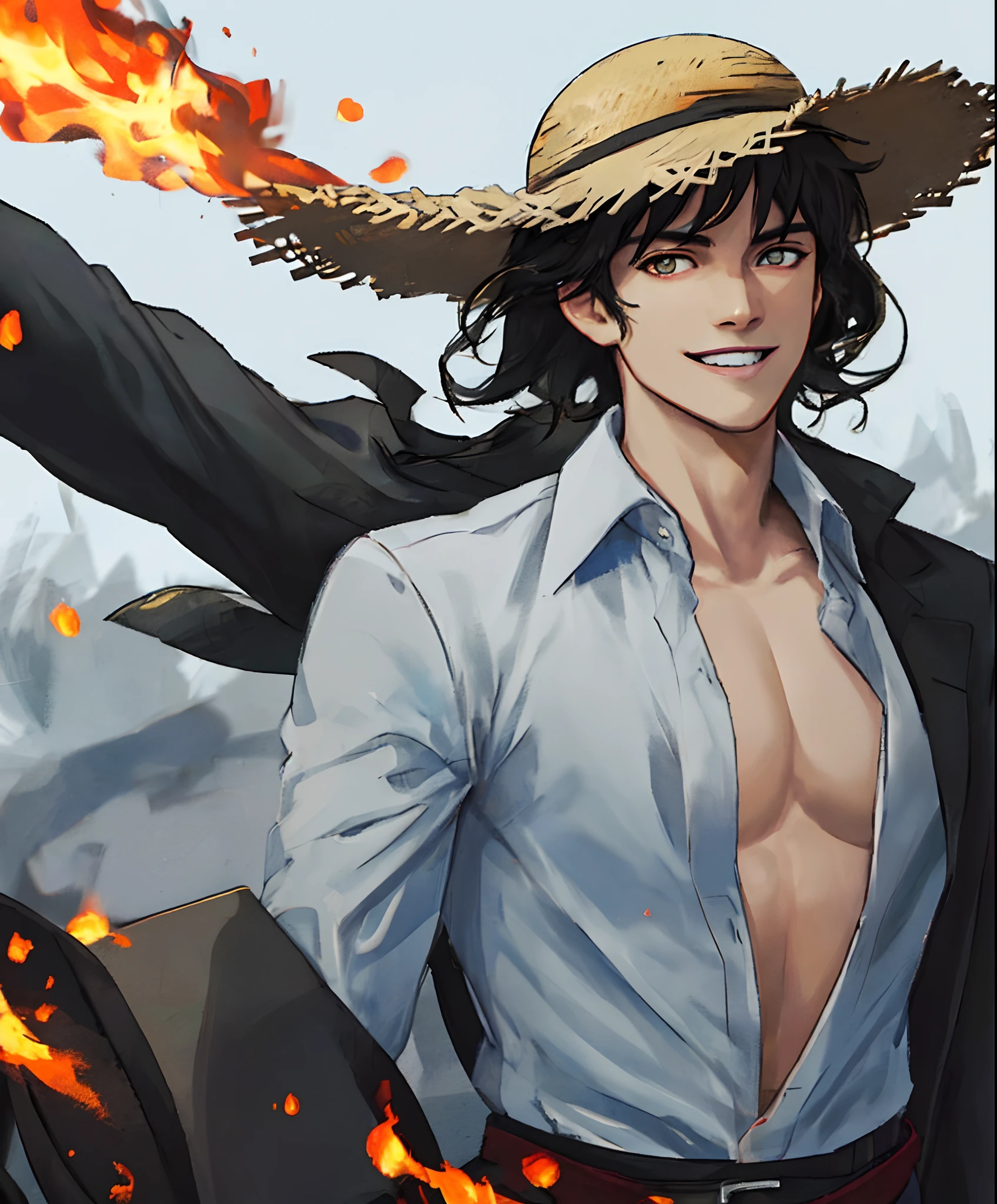 1boy, wanostyle, black hair, messy hair, smiling, straw hat, looking at viewer, solo, upper body, ((masterpiece)), (best quality), (extremely detailed), depth of field, sketch, dark intense shadows, sharp focus, soft lighting, hdr, colorful, good composition, fire all around, spectacular, open shirt, anime screencap, ready to fight, golden eyes