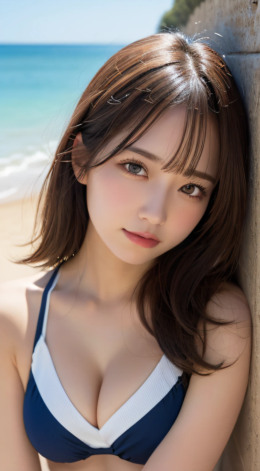 masutepiece, Best Quality, Illustration, Ultra-detailed, finely detail, hight resolution, 8K Wallpaper, Perfect dynamic composition, Beautiful detailed eyes, Swimsuit, Natural Color Lip,Beach, Random and cute poses,cleavage