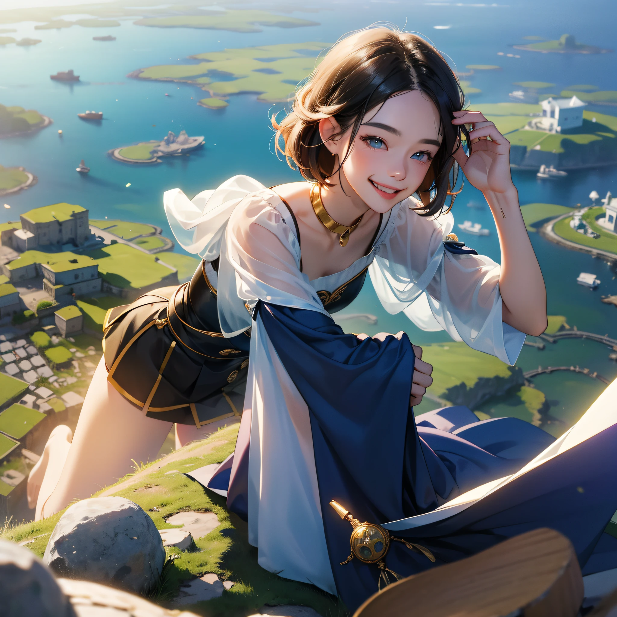in 8K、top-quality、masterpiece:1.2)、1人の女性、(Smiling smile:1.1)、beautidful eyes、Valley、The upper part of the body、shorth hair、Like a boy 、Quirk hair、short-cut、