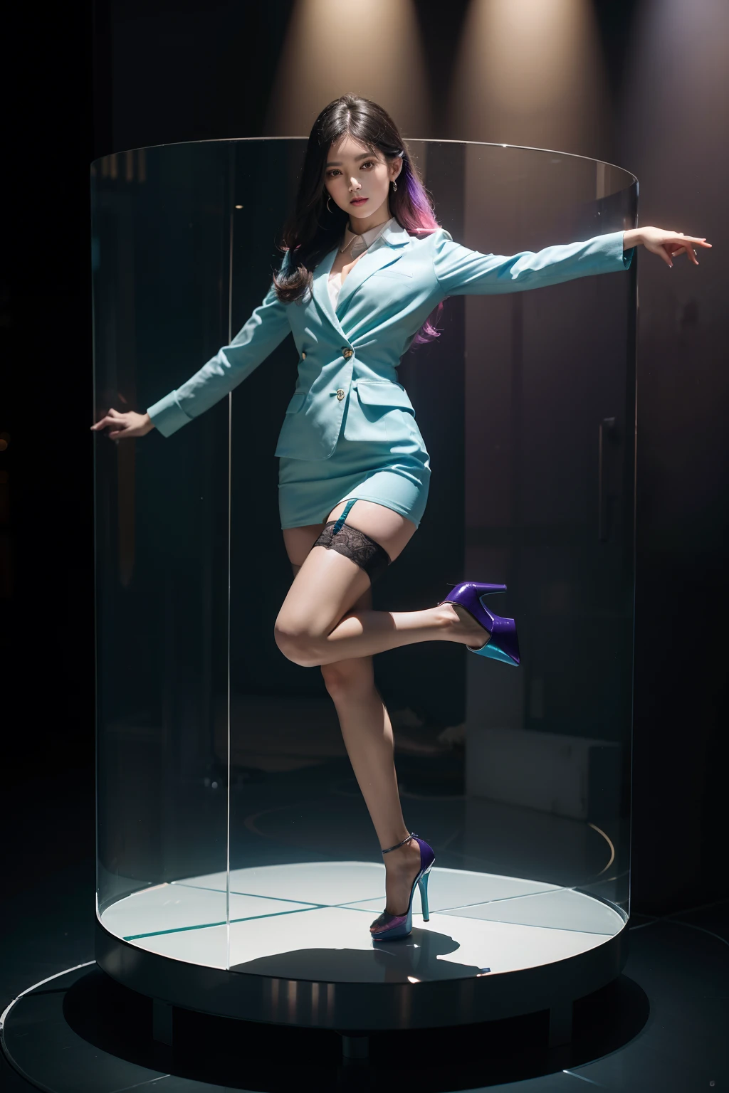 (full body:1.5),(looking at viewer:1.4), (Wearing stockings, high heels, and Flight Attendant Set:1.2), (Dancing in a glass container:1.2),(In pink|amarelo|blue colors|green color|red colour|white colors|black in color|purpleish color|greys|Beige|Flesh color 1.4),(Accurate and perfect face:1.4),A shallow laugh,,hyper HD, Ray traching, reflective light,structurally correct, Award-Awarded, high detal, lightand shade contrast, Face lighting,cinmatic lighting, tmasterpiece, super detailing, high high quality, high detal, best qualityer, 16k,high contrast,