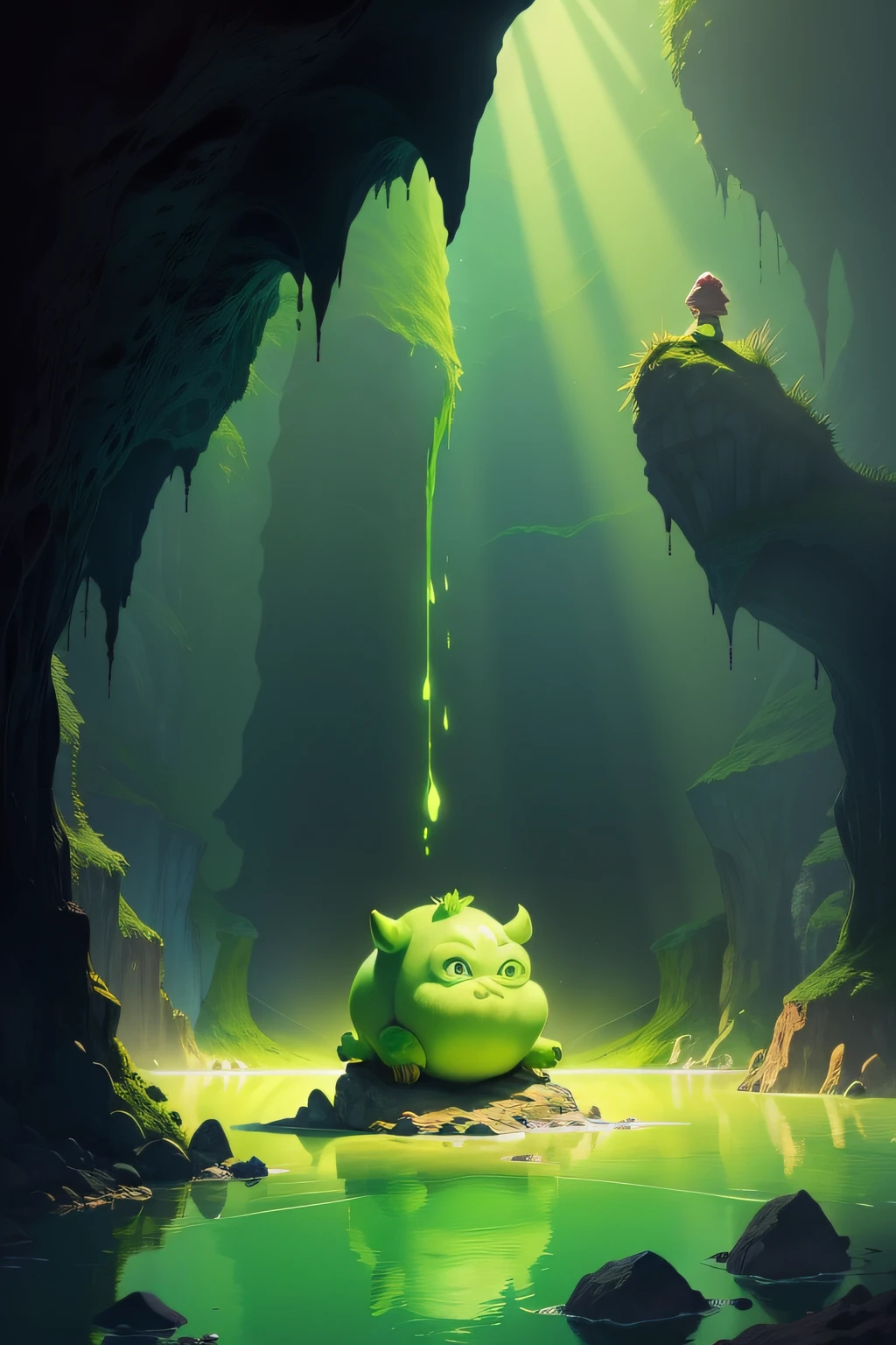 illustration for a children's book, a small ugly ogre in a cave with a fluorescent green lake