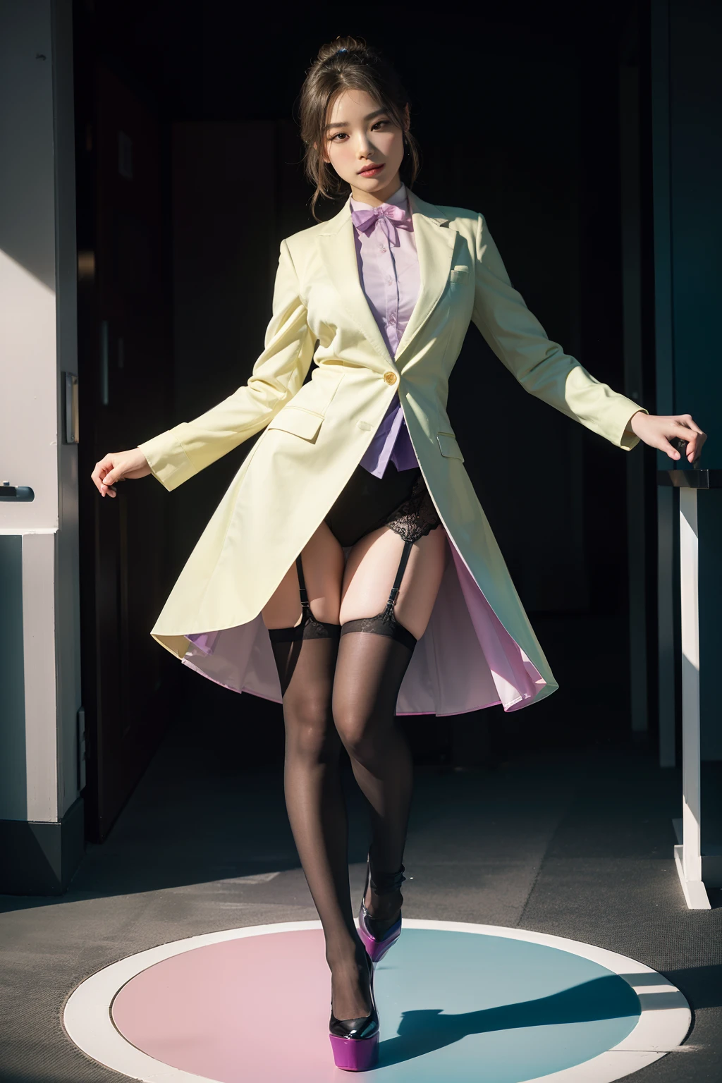 (full body:1.5)，(looking at viewer:1.4)， (Wearing stockings, high heels, and Flight Attendant Set:1.2), (Dancing in a glass container:1.2),(In pink|amarelo|blue colors|green color|red colour|white colors|black in color|purpleish color|greys|Beige|Flesh color 1.4)，(Accurate and perfect face:1.4),A shallow laugh,,hyper HD, Ray traching, reflective light，structurally correct, Award-Awarded, high detal, lightand shade contrast, Face lighting，cinmatic lighting, tmasterpiece, super detailing, high high quality, high detal, best qualityer, 16k，high contrast,