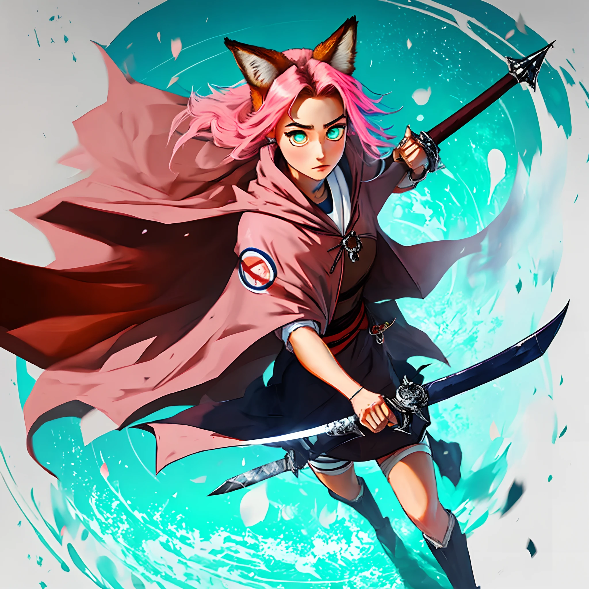 quadratic element，one-girl，pink short hair，Blue pupil，fox ear，Wearing a brown cape and sailor suit，Armed with a short sword，Looks nervous。