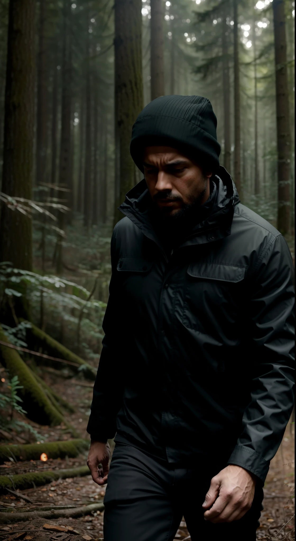 No meio da floresta densa, um homem de aproximadamente 30 anos, Escuro, with short hair and wears a black cap, wears jeans, camisa branca e uma jaqueta vermelha, corre desesperadamente. Seu rosto reflete uma mistura de medo e pavor, his eyes wide and his expression contorted into an expression of terror.

Seu peito sobe e desce rapidamente enquanto ele ofega, his heavy footsteps reverberating across the forest floor. Every movement is marked by an intense urgency as he looks back, his eyes full of panic, as if he were being chased by something terrible.

The moonlight trickles timidly through the branches of the trees, criando um jogo de sombras sinistras em torno do homem em fuga. Os sons da floresta, o farfalhar das folhas e o sussurro do vento, increase the sense of imminent danger.

His black cap contrasts with the pallor of his face, enquanto o suor escorre pela testa. A jaqueta vermelha se destaca contra o verde exuberante da floresta, quase como um sinal de alerta intenso.

The expression of fear and dread is evident in every line of his face, in each tense muscle. His lips tremble and his breathing is uncontrolled, revealing the anguish that consumes your mind.

Como ele corre, galhos e arbustos rasgam-lhe a pele, deixando pequenas marcas em sua passagem desesperada. The sound of his feet hitting the ground echoes through the forest, servindo como trilha sonora para sua agonia.

In the midst of this horror scenario, O homem luta com o desconhecido, your body and mind in a state of distress. What haunts him remains a mystery, leaving the feeling that something terrible and relentless is always just a few steps back.

This scene of terror and despair in the forest is a moment of pure intensity, where man's survival is at stake. Emotions boil over, creating an atmosphere of suspense and wonder as he continues to run, desesperadamente procurando uma chance de escapar desse pesadelo.