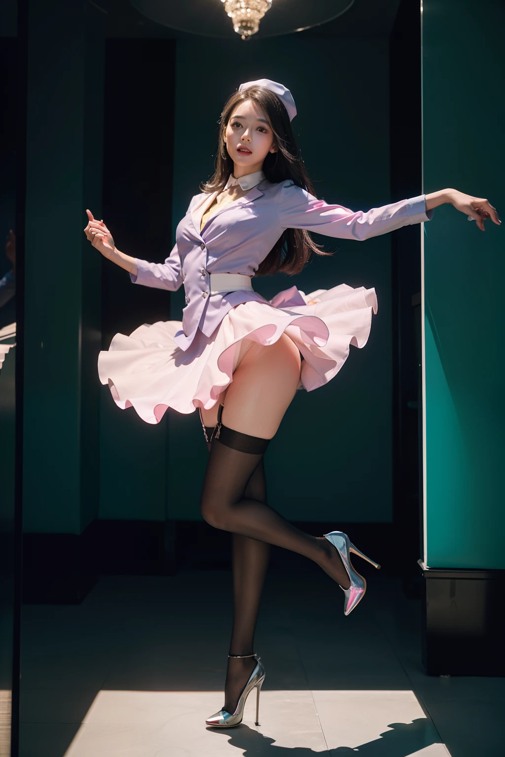 (full body:1.5)，(looking at viewer:1.4)， (Wearing stockings, high heels, and Flight Attendant Set:1.2), (Dancing in a glass container:1.2),(In pink|amarelo|blue colors|green color|red colour|white colors|black in color|purpleish color|greys|Beige|Flesh color 1.4)，(Accurate and perfect face:1.4),A shallow laugh,,hyper HD, Ray traching, reflective light，structurally correct, Award-Awarded, high detal, lightand shade contrast, Face lighting，cinmatic lighting, tmasterpiece, super detailing, high high quality, high detal, best qualityer, 16k，high contrast,