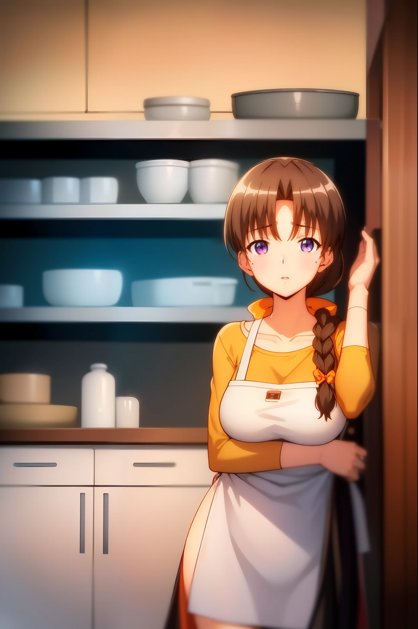 indoors, in a kitchen,
Standing on the floor,
apron, collarbone, (Yellow_shirt),
bangs, Brown Hair, Blue eyes,single braid, Orange hair ribbon, 
1 girl, 20yo,Young female,Beautiful Finger,Beautiful long legs,Beautiful body,Beautiful Nose,Beautiful character design, perfect eyes, perfect face,expressive eyes,
looking at viewer, in the center of the image,(Upper_body),(Focus on her face),
official art,extremely detailed CG unity 8k wallpaper, perfect lighting,Colorful, Bright_Front_face_Lighting,shiny skin,
(masterpiece:1.0),(best_quality:1.0), ultra high res,4K,ultra-detailed,
photography, 8K, HDR, highres, absurdres:1.2, Kodak portra 400, film grain, blurry background, bokeh:1.2, lens flare, (vibrant_color:1.2)
(Beautiful,Breasts), (beautiful_face:1.5),(narrow_waist),