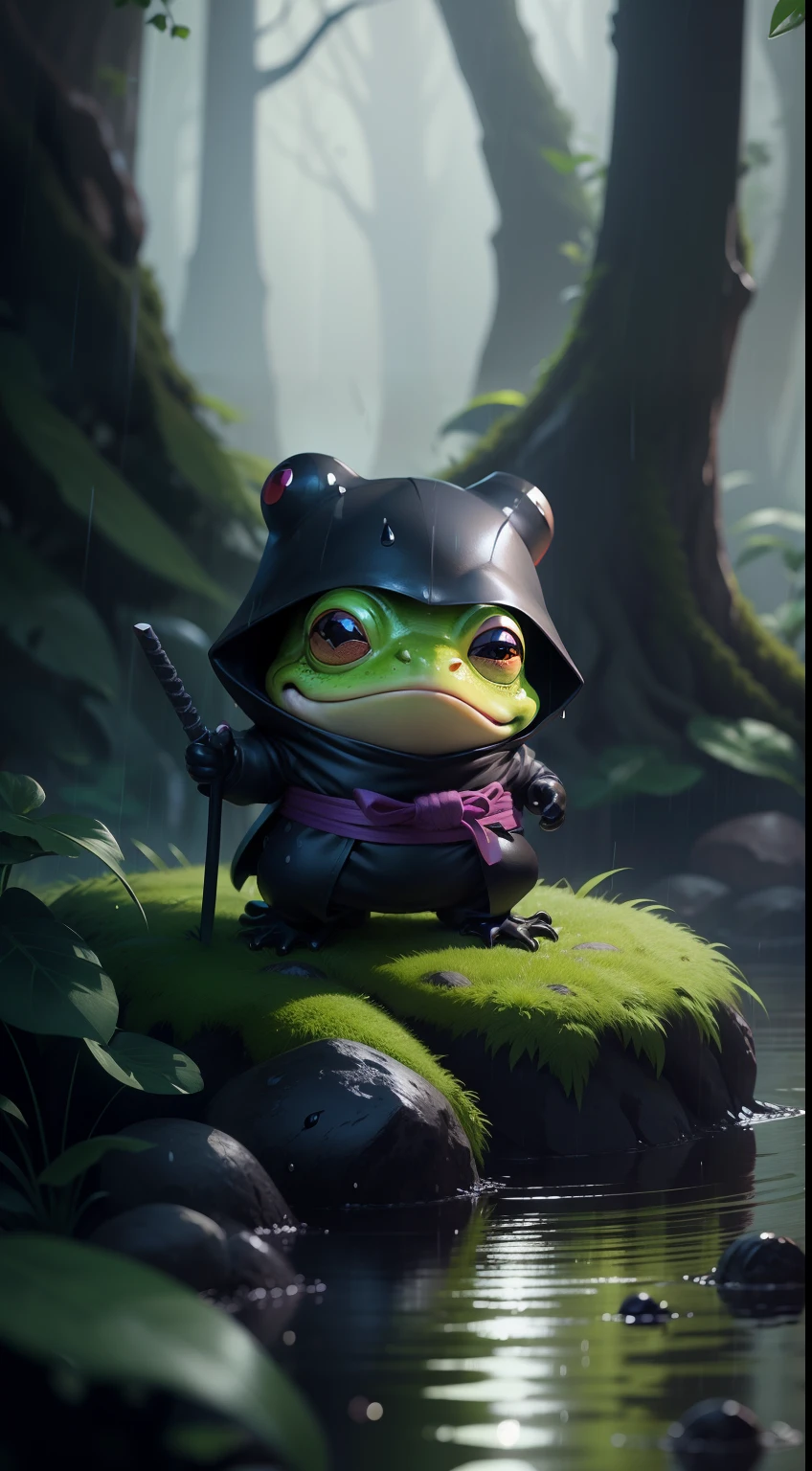 Create a vibrant dark fantasy cute ninja frog in a clean-lined minimalistic cartoon style, in the background a beautiful forest, rain, octane render, 8k