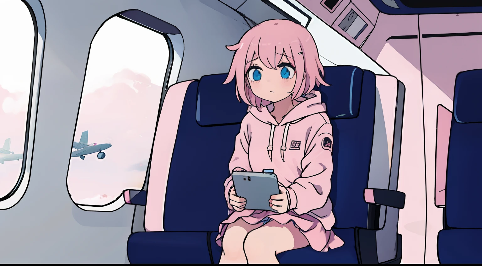 anime girl, short pink hair, bangs, pink hoodie, blue skirt, black legwear, choker, white shoes, sitting inside a airplane, using a phone, sad, cry, airplane window, white interior seat