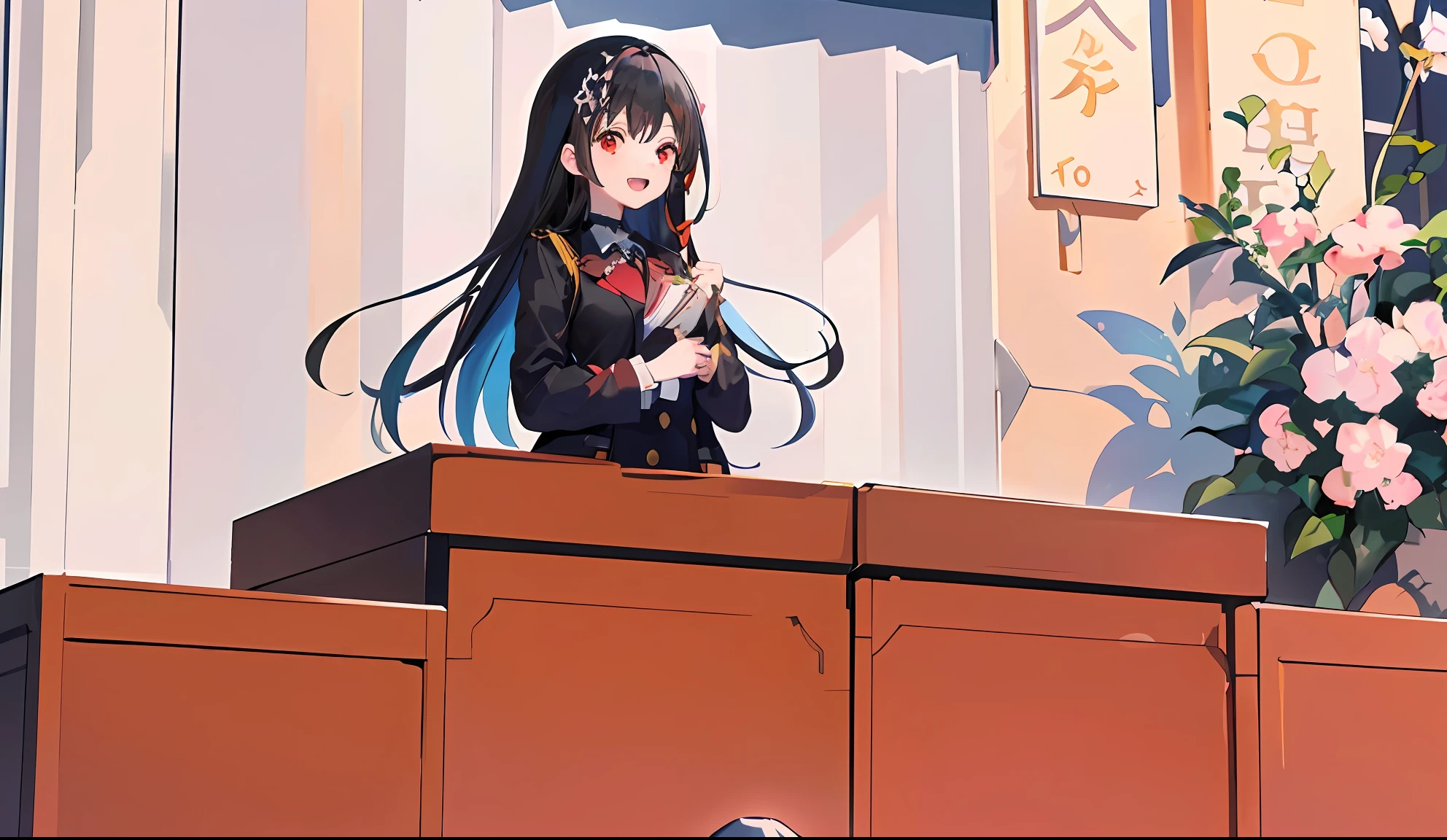 (:D:1.2),One girl. (masutepiece, of the highest quality, Kyoto animation style illustration, of the highest quality, offcial art, Aesthetics, Beautiful details, :1. 2), Break, ( girl), Very detailed, Extremely colorful, highest details, Break, (Medium breasts),(Red eyes:1.2),(Girl, Cute, Graceful, Black hair,long whitr hair,glistning skin, (校服,Black uniform jacket,Short black skirt),(lecture hall),(Stand behind the podium),commencement,speech,There were a lot of spectators in the audience,The girl stood on the podium,Girls are speakers,