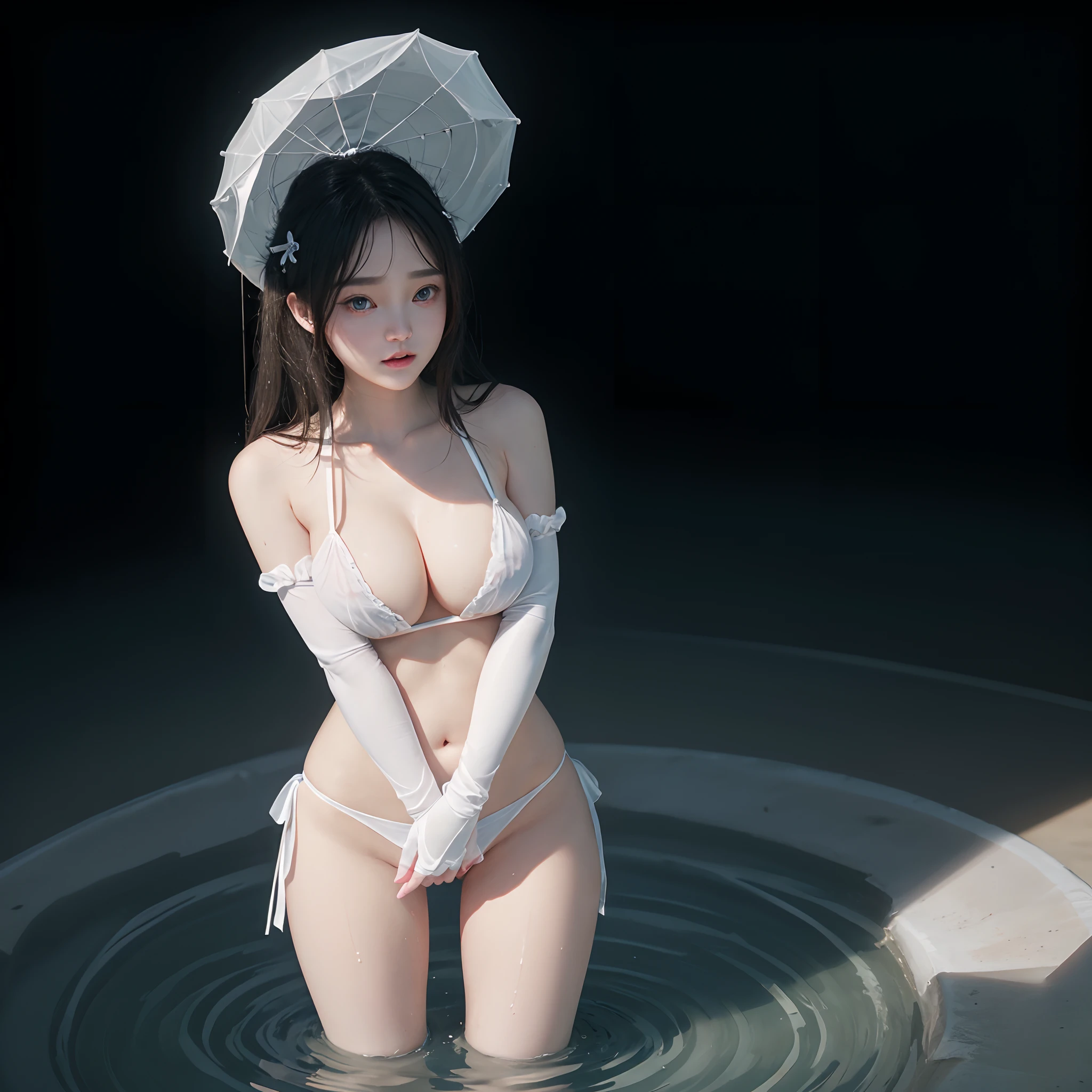 NSFW、((Hyper-Realism:1.37))、radiosity rendering、masterpiece、Bestquality、extremely detailed 、BokeH、smooth shading、((Childish)|(Gigantic cleavage:1.37、fatness))、(((detailed beautiful face))), (Outer space、 Floating in the SPACE)、(((Oppai-、solo 1girl、Wide Shot)))、(FullBody、From below:1.5、Looking ahead)、Wetted Porcelain skin、Floating hair、(Nipple shadow、Detailed Clear Nipples)、detailed open crotch、(The shape of the pubic area is Clearly Visible)、ass visible through thighs、Wetted White very tiny string bikini、(underboob:1.2)、Black high collar、elbow_gloves、zydG、