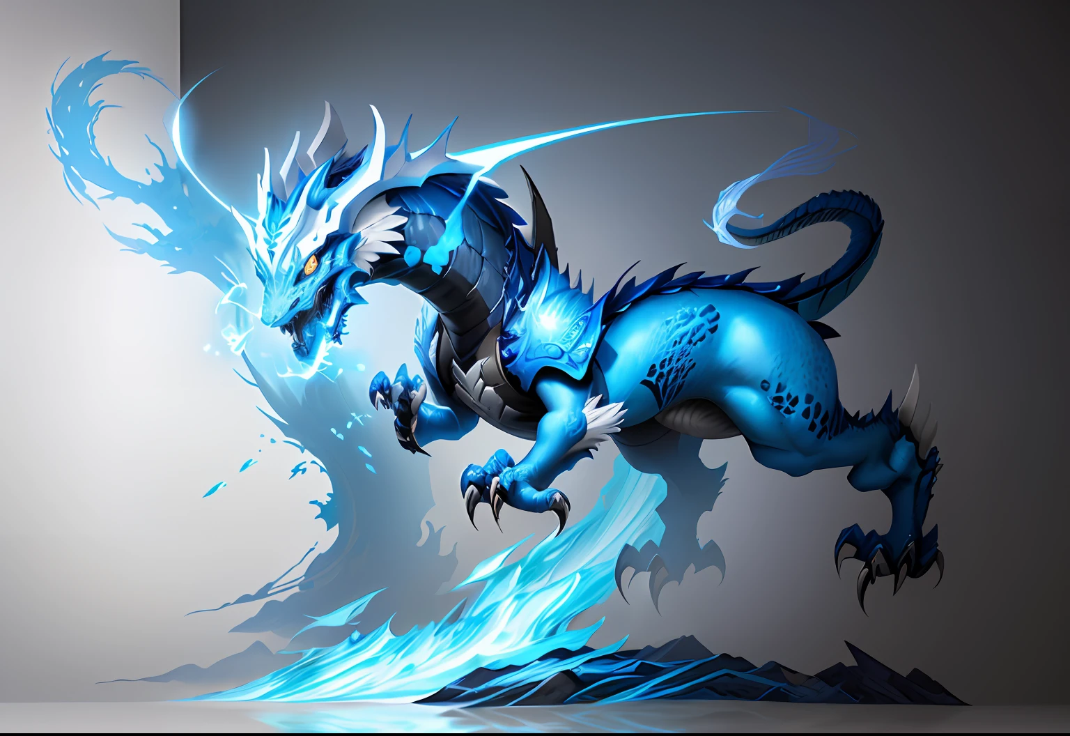 there is a drawing of a blue and white dragon on a white wall, chinese dragon concept art, airbrush concept art, dragon inspired blue armor, full body dragon concept, painted as a game concept art, airbrush render, stylized as a 3d render, anthro dragon art, fantasy creature concept art, stylized concept art