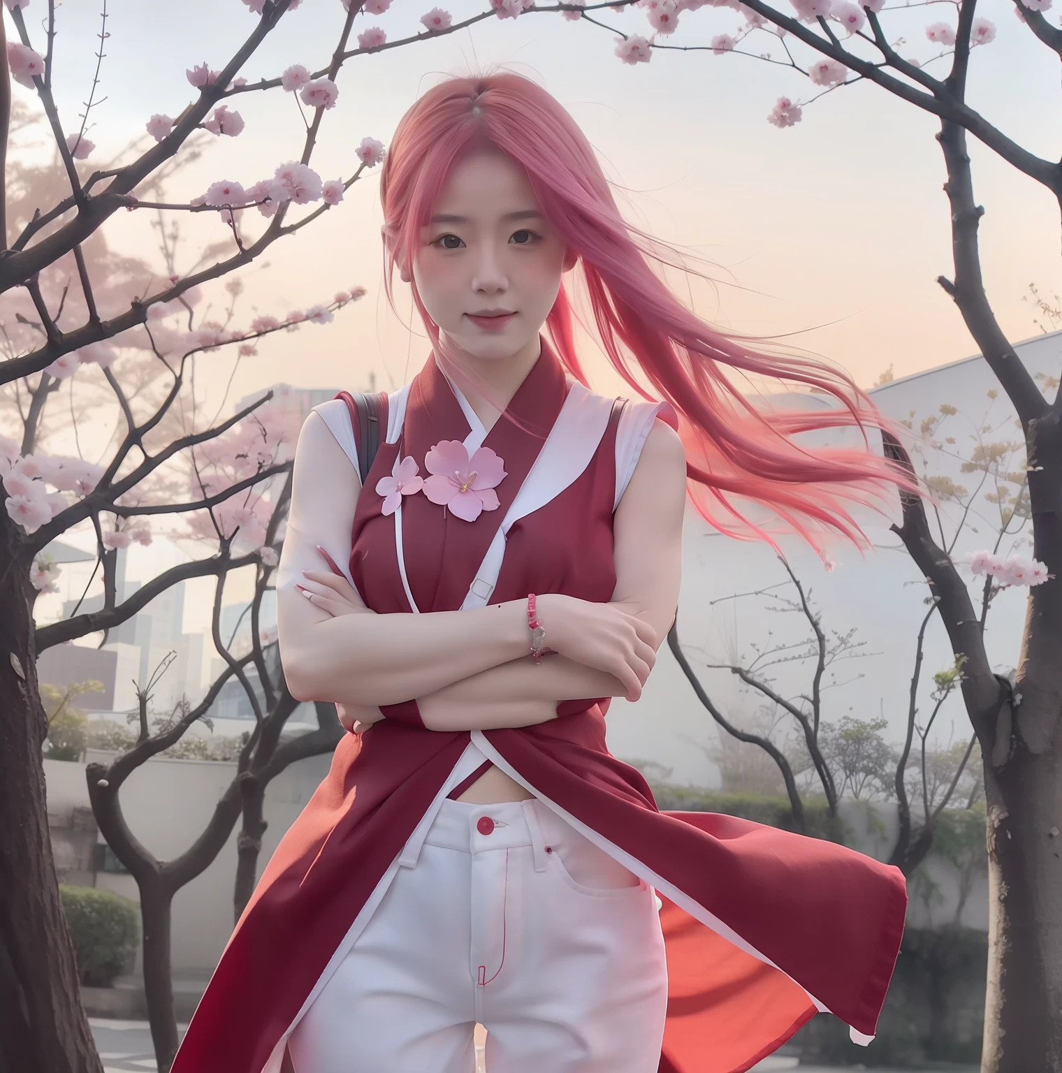 Sakura uchiha. A woman was standing with her arms folded across her chest. At a cherry blossom garden. He wore a red kimono with a white sleeveless line in it. Combined with white Levis pants. His skin is so white. She's wearing a silver bracelet. The long, pink hair was reflected in the wind. Her cheeks were rosy. He looked at the camera. She's so pretty and realistic