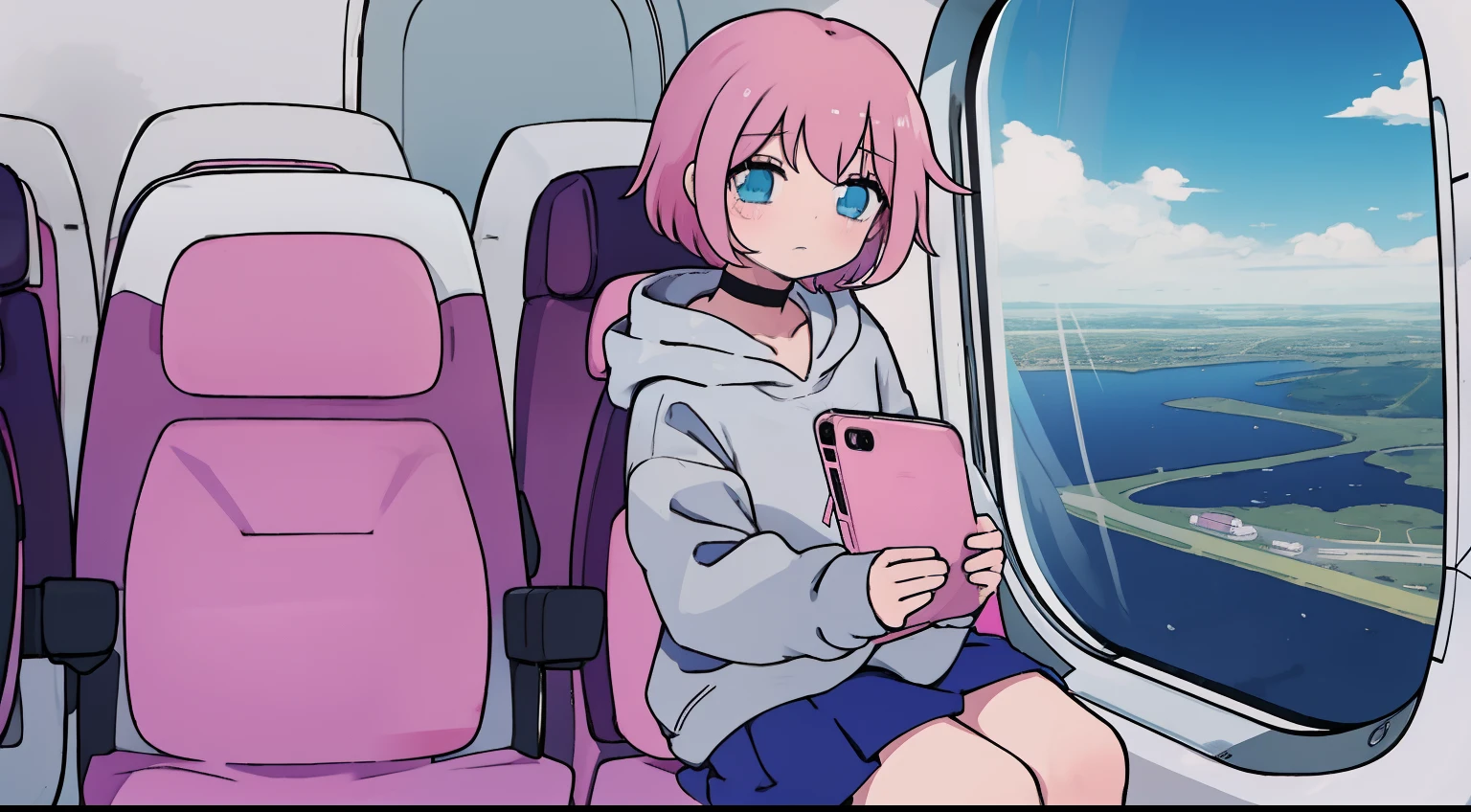 anime girl, short pink hair, bangs, pink hoodie, blue skirt, black legwear, choker, white shoes, sitting inside a airplane, using a phone, sad, cry, airplane window, white interior seat