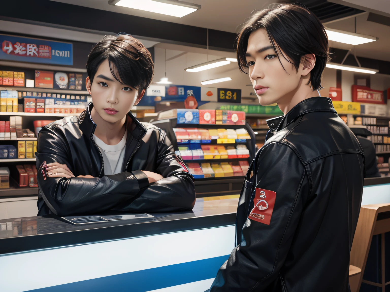 Male with 2 Asian faces,Shop for car supplies in casual wear at the auto supply supermarket,sface focus,Extreme depiction of facial detail