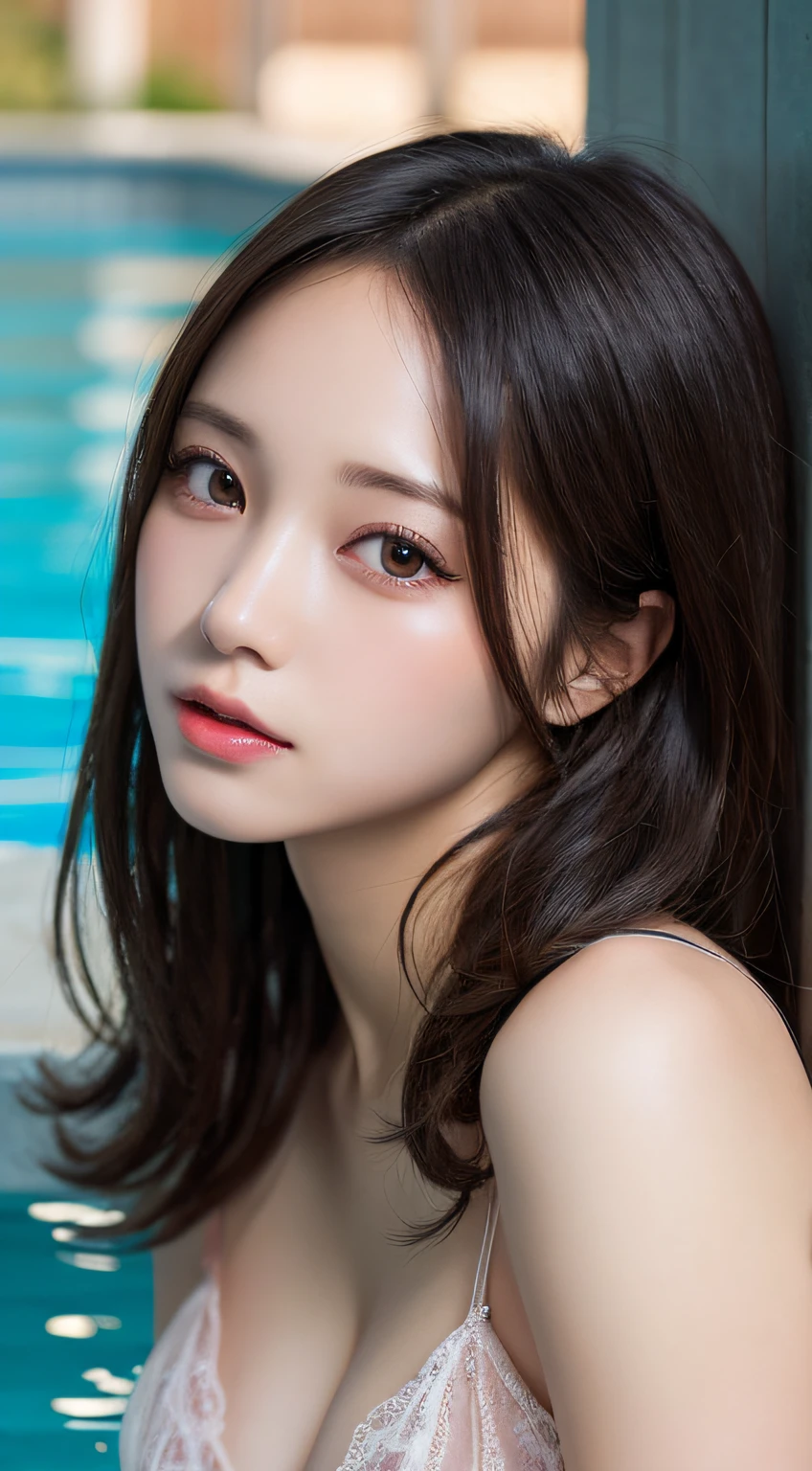 masutepiece, Best Quality, Illustration, Ultra-detailed, finely detail, hight resolution, 8K Wallpaper, Perfect dynamic composition, Beautiful detailed eyes , Pool, Sexy face