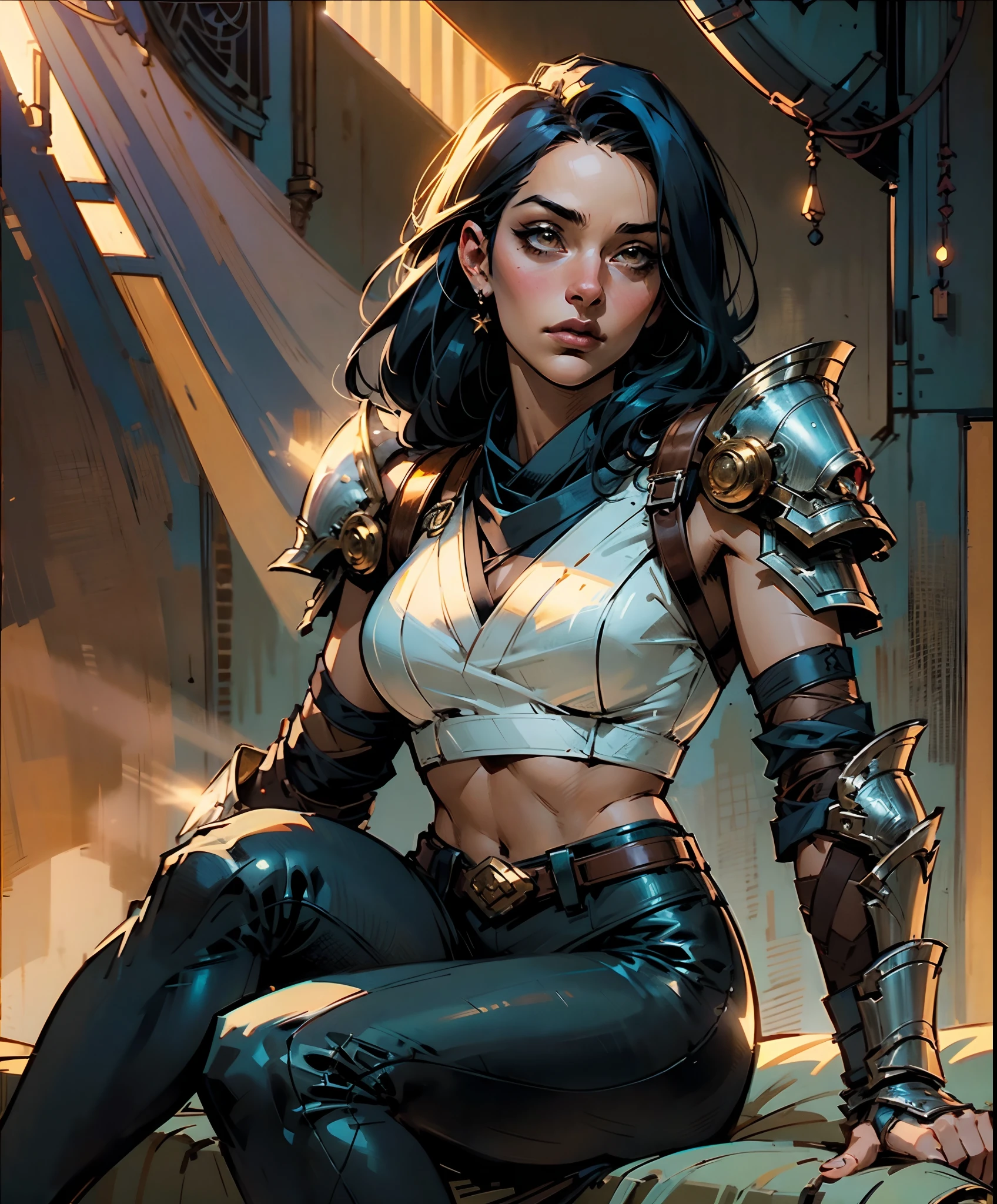 a beautiful woman with long hair, her delicate face exuding a cold and proud gaze, dressed in a high-collared crop top that exposes her waist and sleeveless leather armor, paired with tight-fitting leather pants, showcasing her athletic figure, holds a sword with a blue scabbard in her hand, she lazily sitting on a sofa, the character design depicting a fantasy-style bounty hunter with a Japanese anime design, the artwork features finely detailed character design, showcasing a mature Japanese manga artistic style, ((character concept art)), full body character drawing, high definition, best quality, ultra-detailed, extremely delicate, anatomically correct, symmetrical face, extremely detailed eyes and face, high quality eyes, creativity, RAW photo, UHD, 8k, (Natural light, professional lighting:1.2, cinematic lighting:1.5), (masterpiece:1.5)