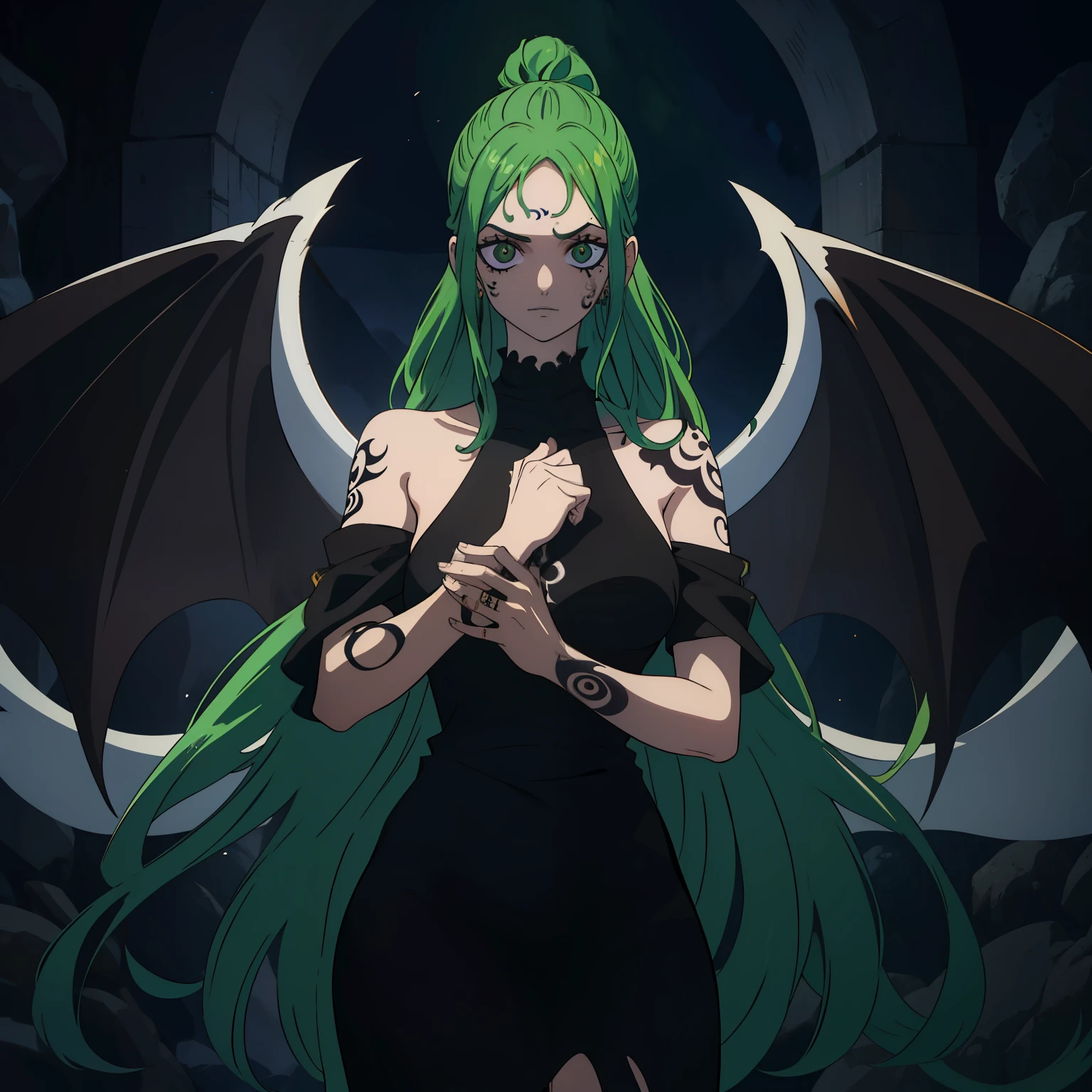 (Uma garota:1.1) com cabelos verdes bonitos, olhos roxos intensos, wearing black clothes and a striking tattoo on his arm. Ela possui seios grandes (peituda:1.2), demonic tattoo on forehead.