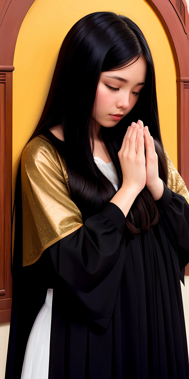 brunette girl, long black hair, praying