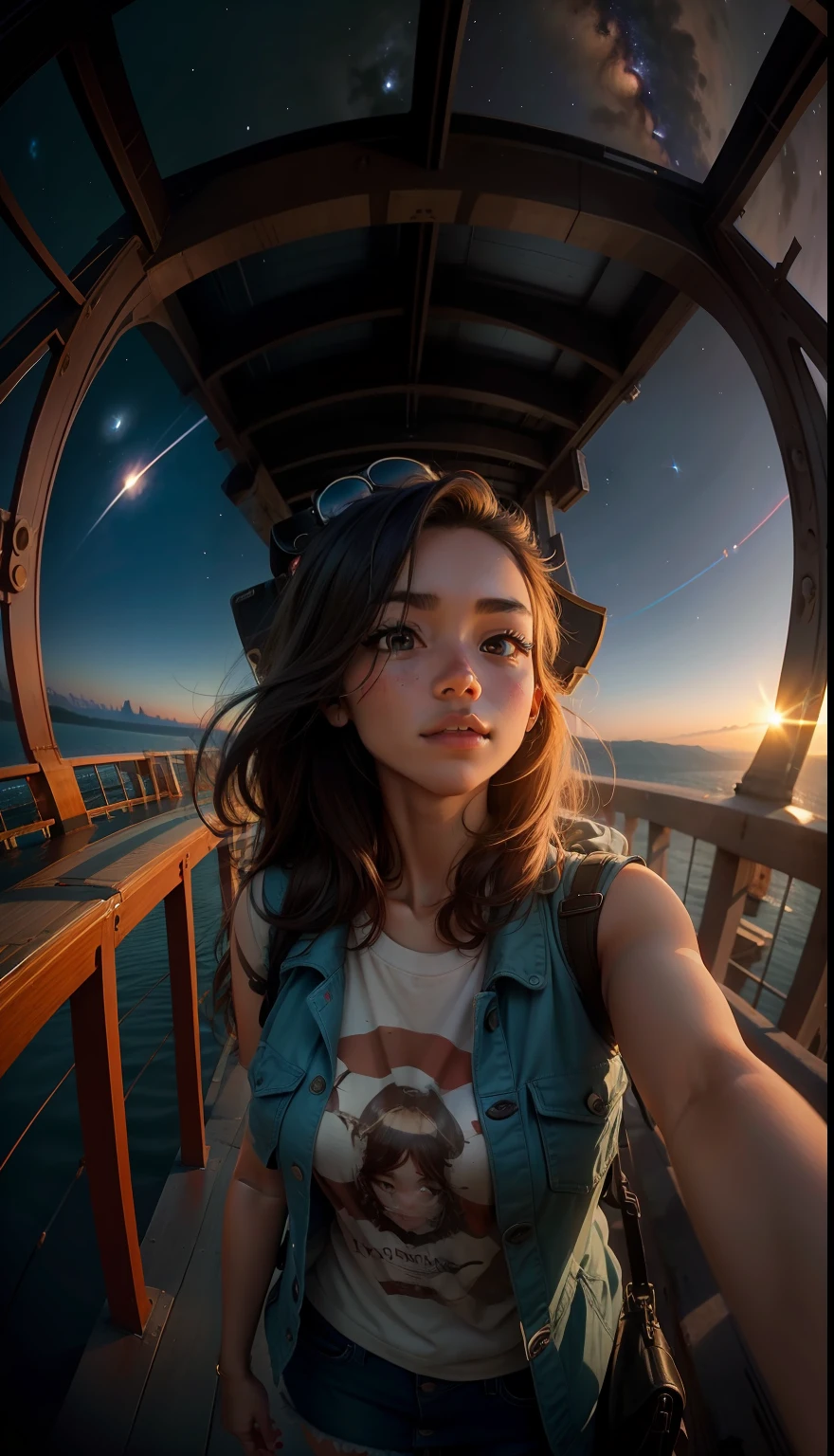 fisheye shot of a girl taking selfies at a majestic bridge spanning the vast expanse of space, connecting two distant planets